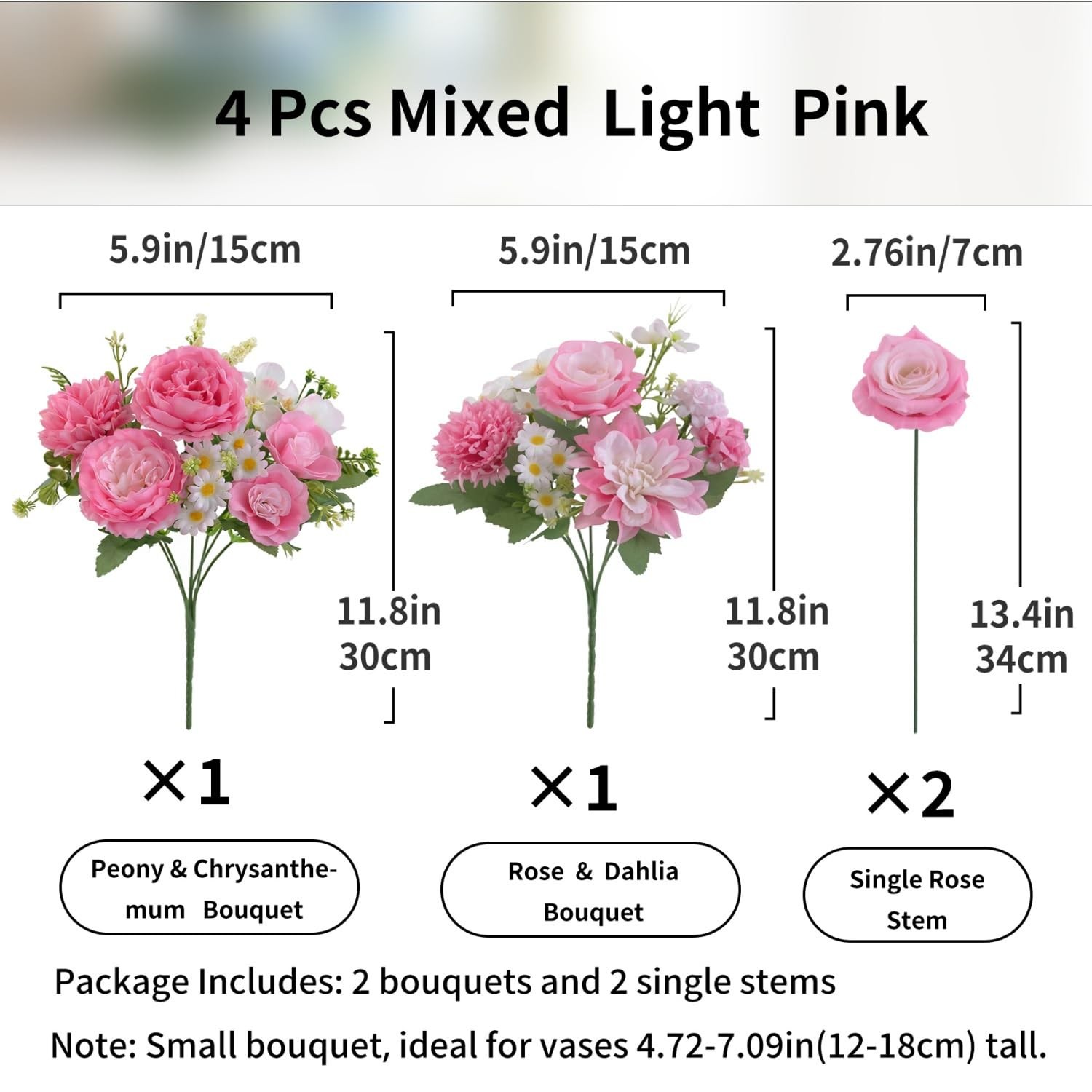 4 Pcs Mixed Artificial Flowers Small Peony Bouquet Fake Rose Silk Floral