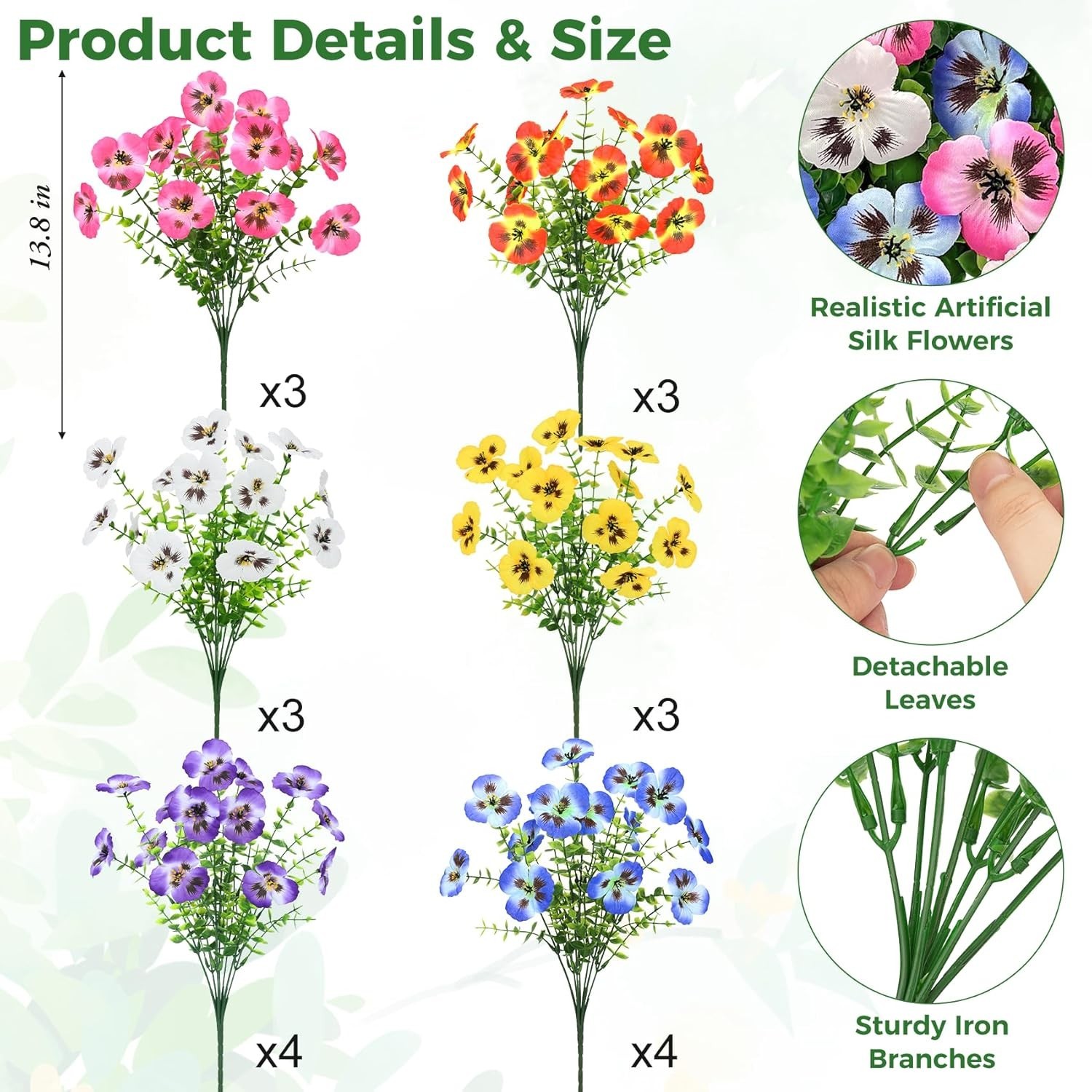 20 Bundles Artificial Pansy Flowers for Outdoors, Fake Silk Flowers Faux Plants