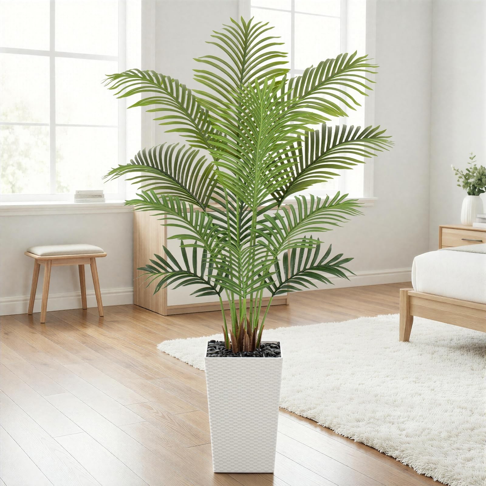 5ft Artificial Palm Tree with White Planter – Tall Fake Palm Tree Indoor Fake…