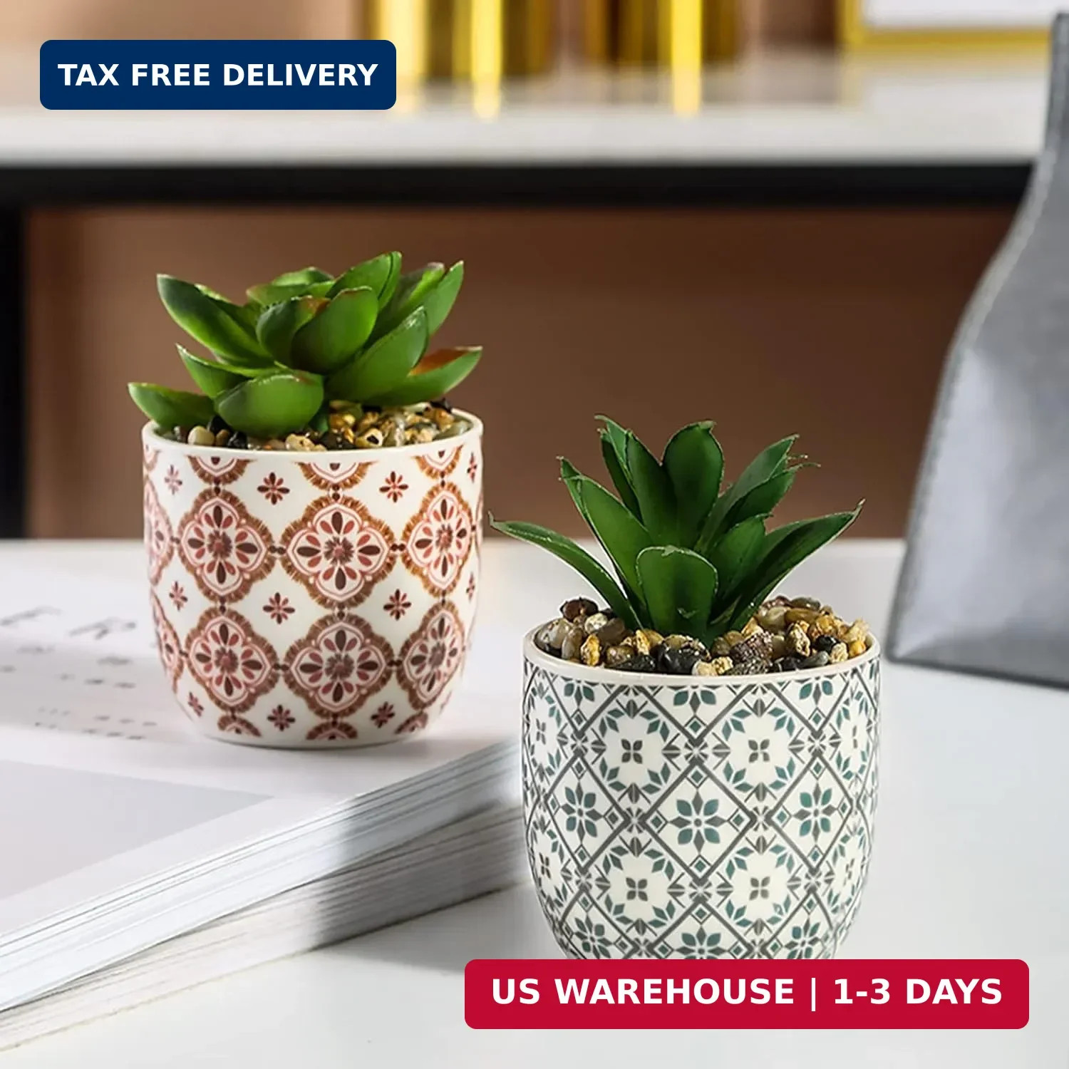 Artificial Plants Succulent Flowers in Ceramic Planter 2 Pack Small Fake Plan…