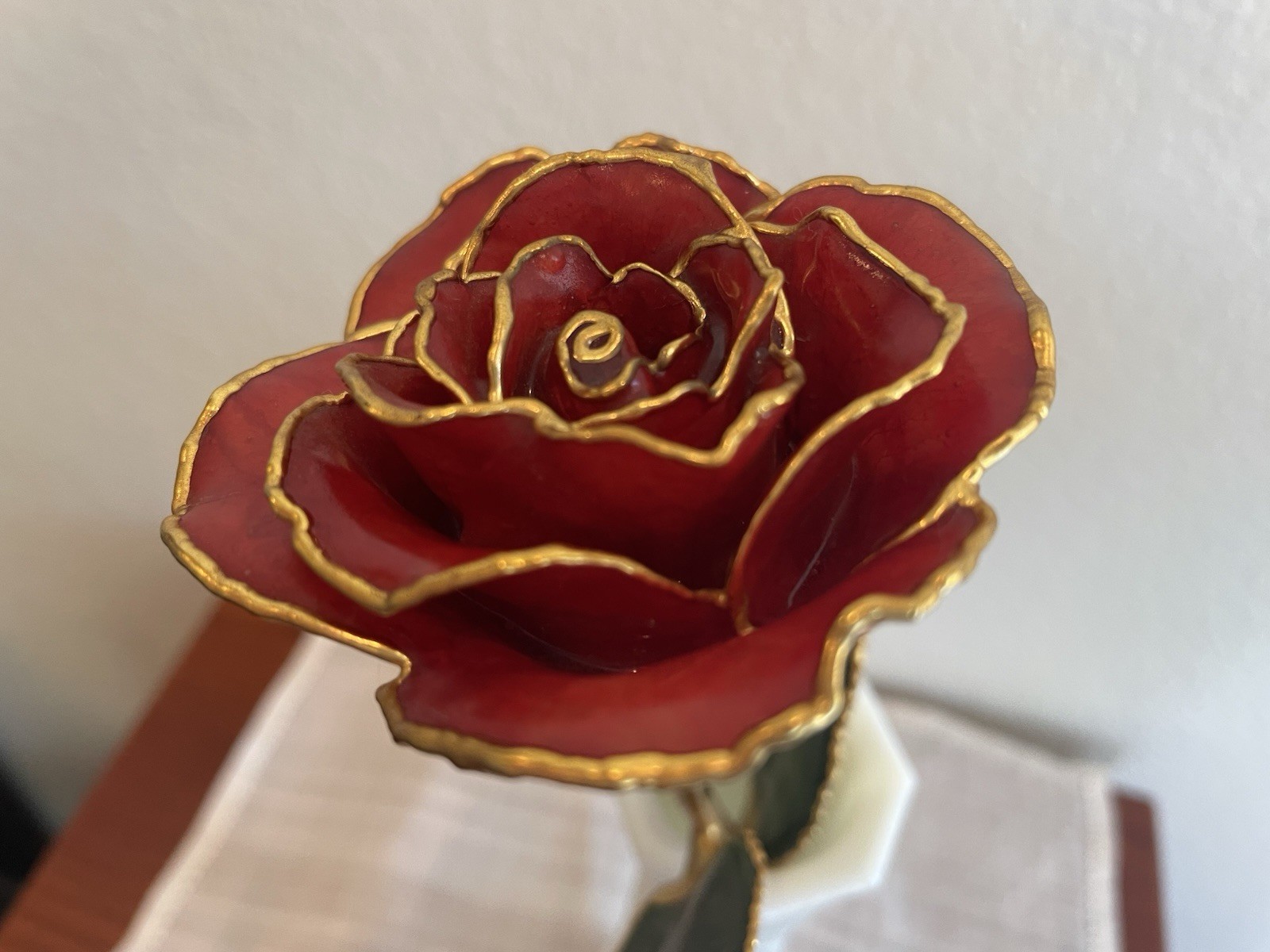 Burgundy Rose Preserved in Lacquer with 24k Gold Plating on Petals and Stem