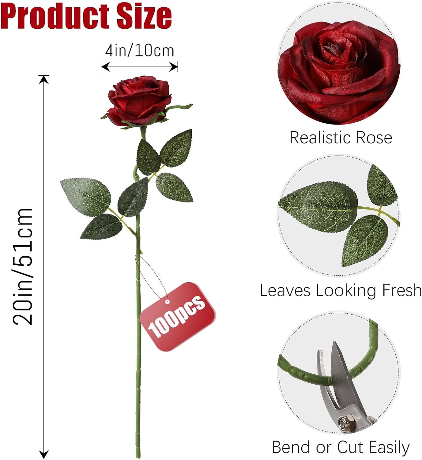 Everlasting 100 Pcs Red Silk Roses – Perfect for Weddings, Parties & Home Decor