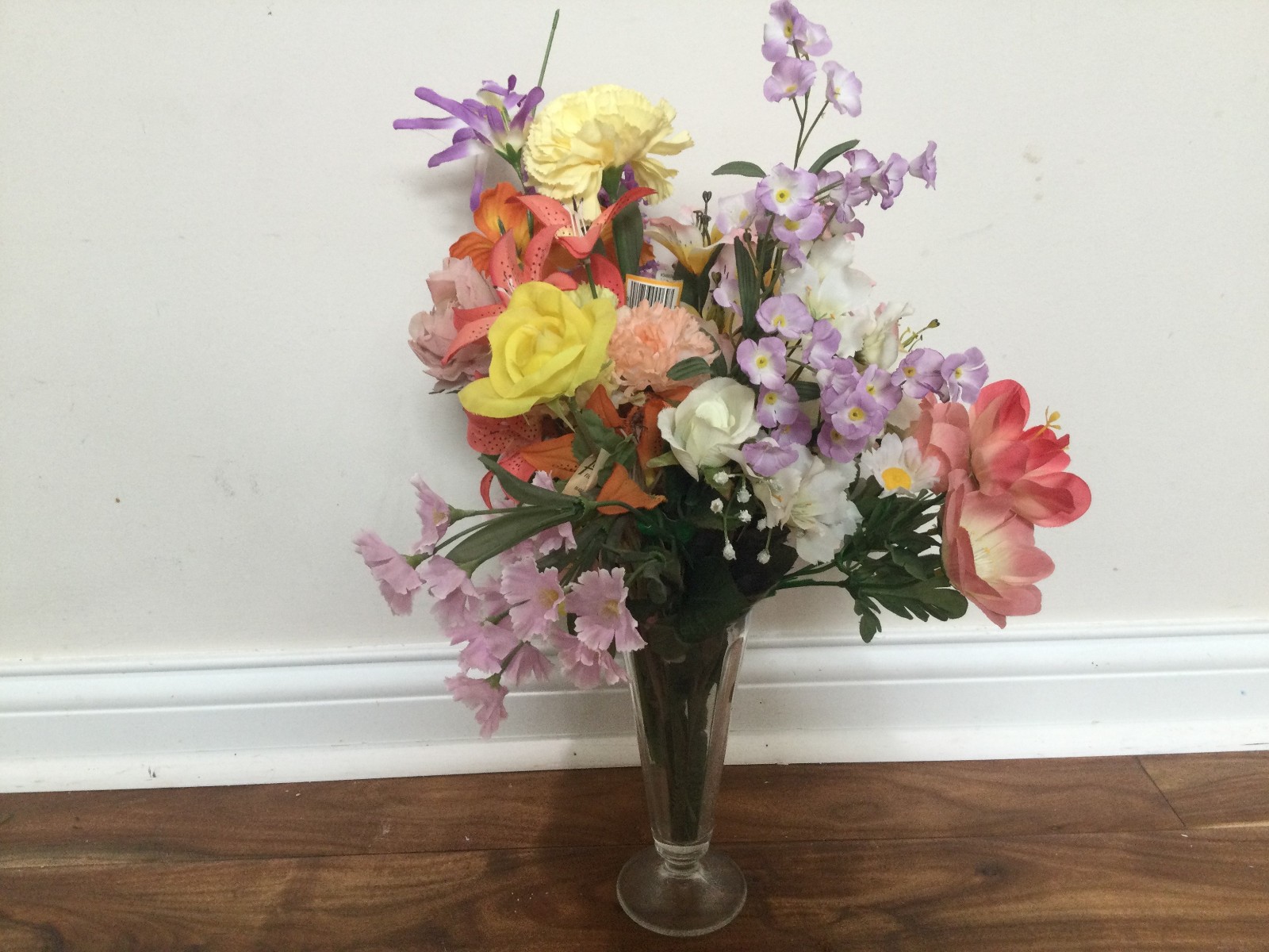 vintage floral arrangement faux flowers silk in a pedestal glass lilies pink