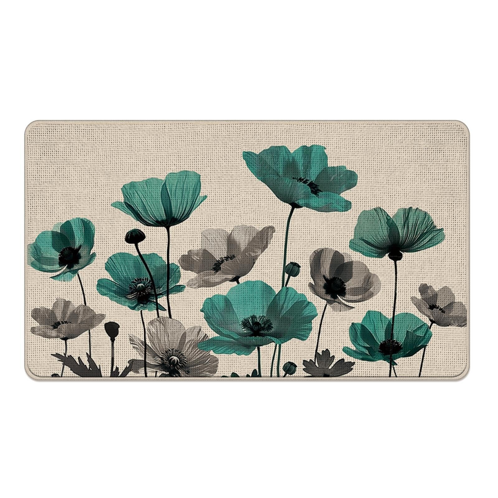 Livcoz Poppy Flower Welcome Front Door Mat, Spring 17”x29”, Teal