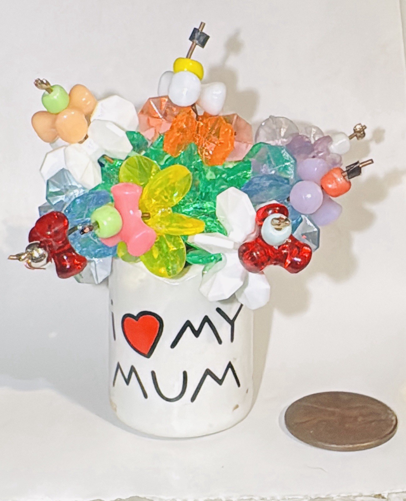 OOAK Mini Beaded Flower Bouquet In Ceramic Jar “I LOVE MY MUM” Mothers Day Gift