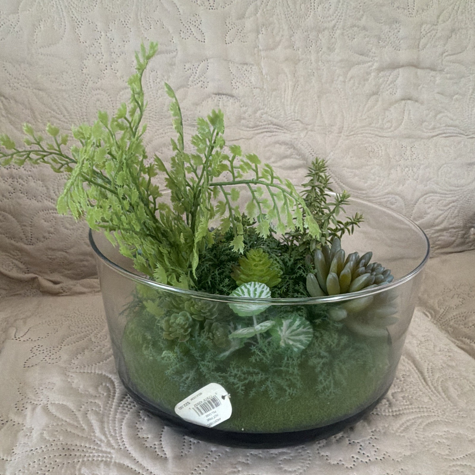 Artificial Succulent & Fern Centerpiece Arrangement in Clear Glass Bowl, Green