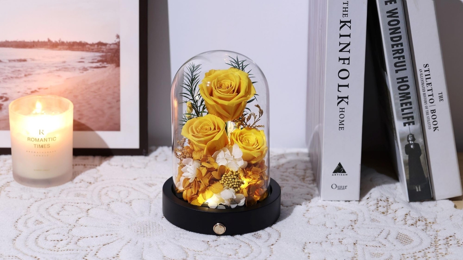 Preserved Roses Flowers in Glass Dome, Long-Lasting Real Yellow Forever Roses…