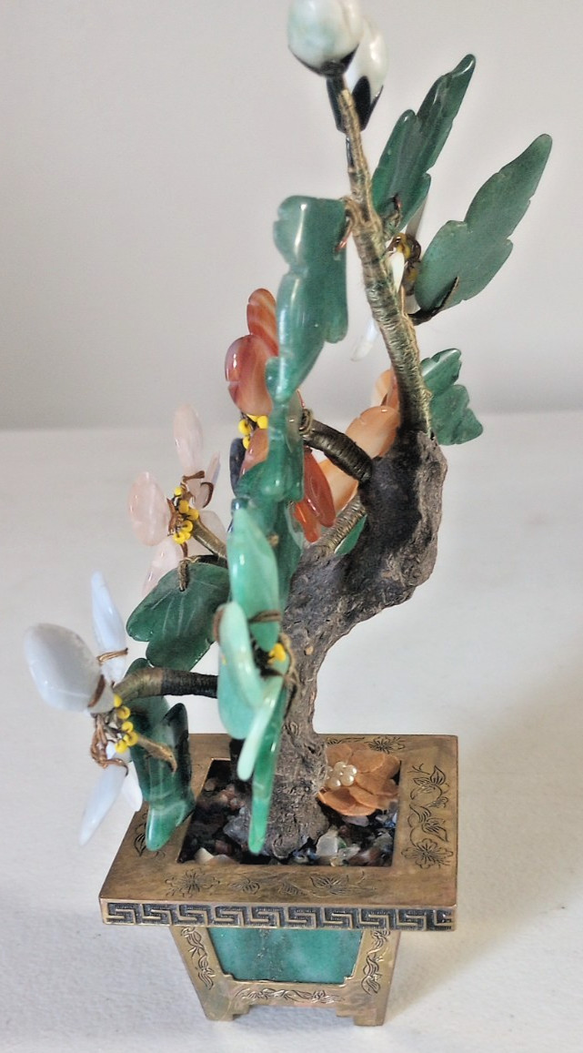Vintage Carved Jade / Gemstone Bonsai Tree w/ Brass Base, Hong Kong, 7.5″H