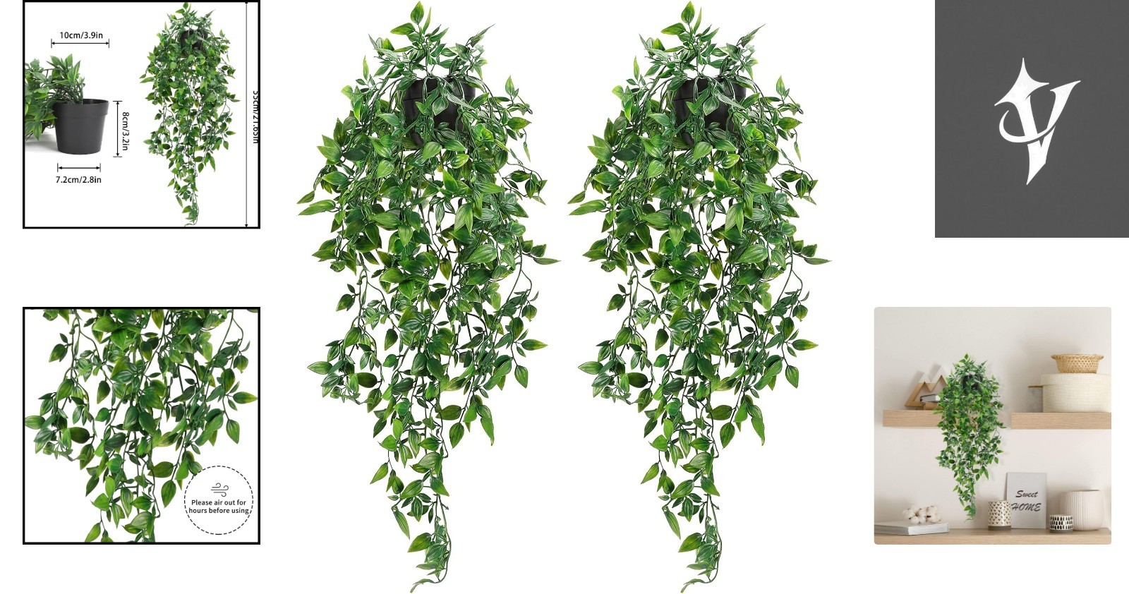 Versatile 2pcs Artificial Hanging Plants with Black Pots – Home & Office Decor