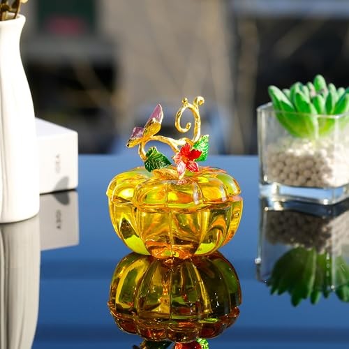 Crystal Pumpkin Ring Jewelry Box – Pumpkin Collectible Figurines Glass Yellow