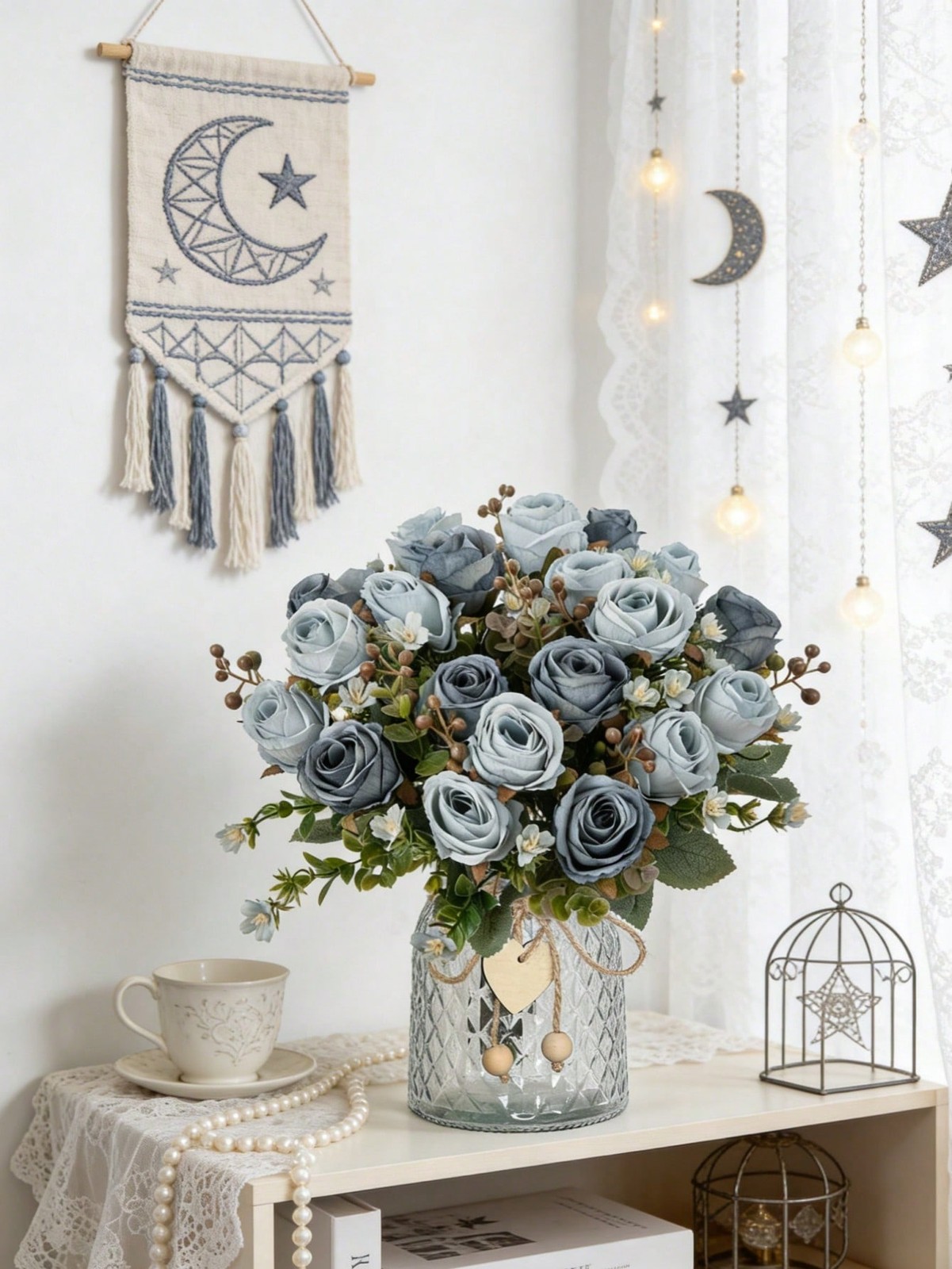 Baby Blue Artificial Silk Rose Bouquet One Size For Home Wedding Decor