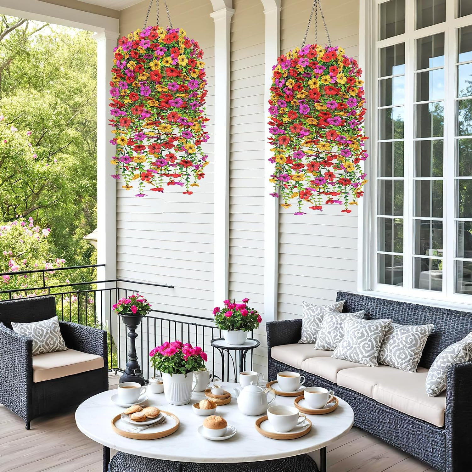 Artificial Hanging Flowers Plants Basket for Outdoors Decoration, 2PCS Multicolo