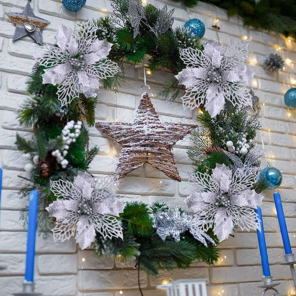 24 Pcs Christmas Silver Glittered Mesh Holly Leaf Artificial Poinsettia Flowers