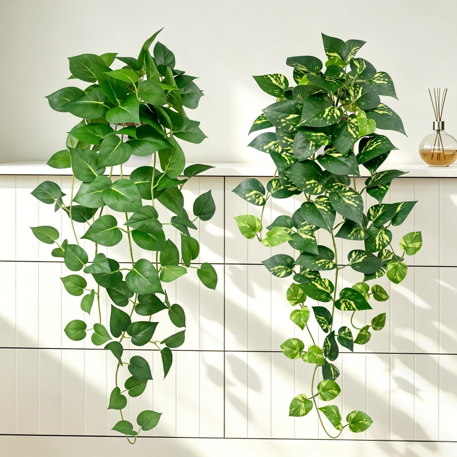 Artificial Hanging Plants 23.6” Long with White Pots – 2 Pack Faux Pothos Decor
