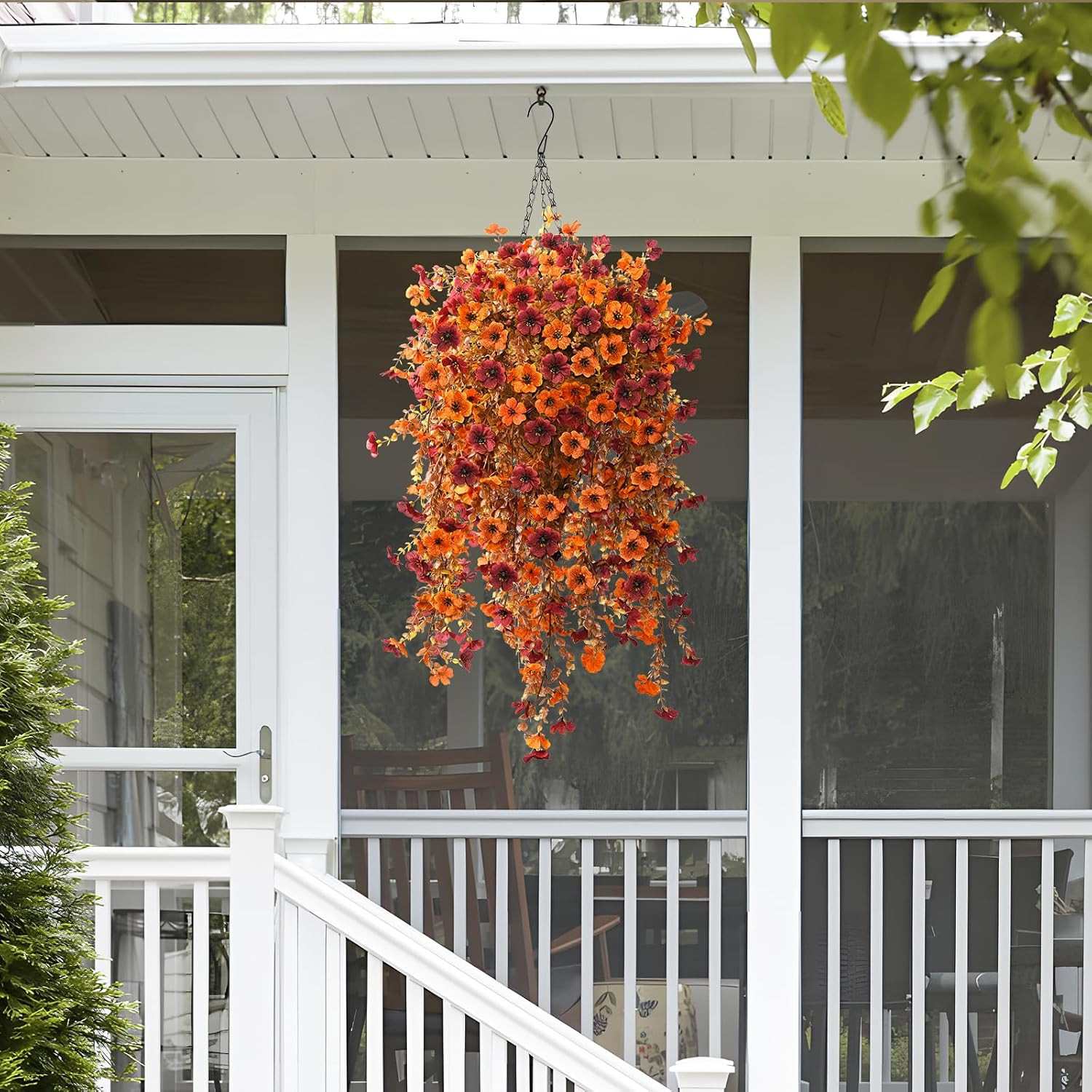 Autumn Faux Mums Hanging Basket – UV Resistant Orange Brown Floral Decor