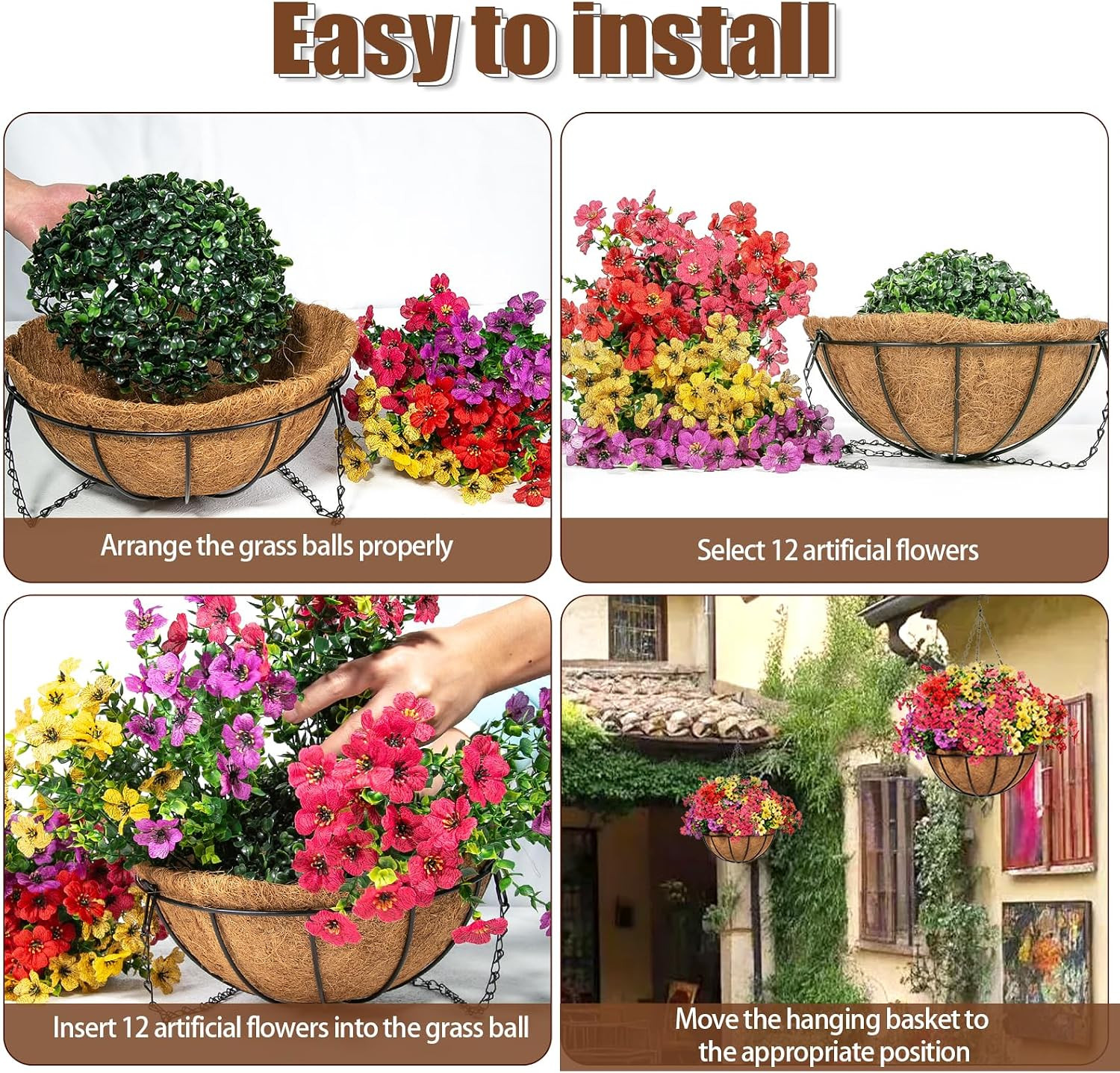 24 Pcs Artificial Flowers in Hanging Baskets for Outdoor Garden Decor