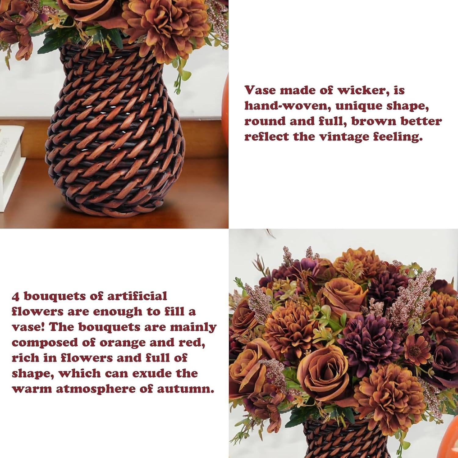 Autumn Silk Flower Arrangement in Vase – Orange Roses for Home Decor (12.5″)