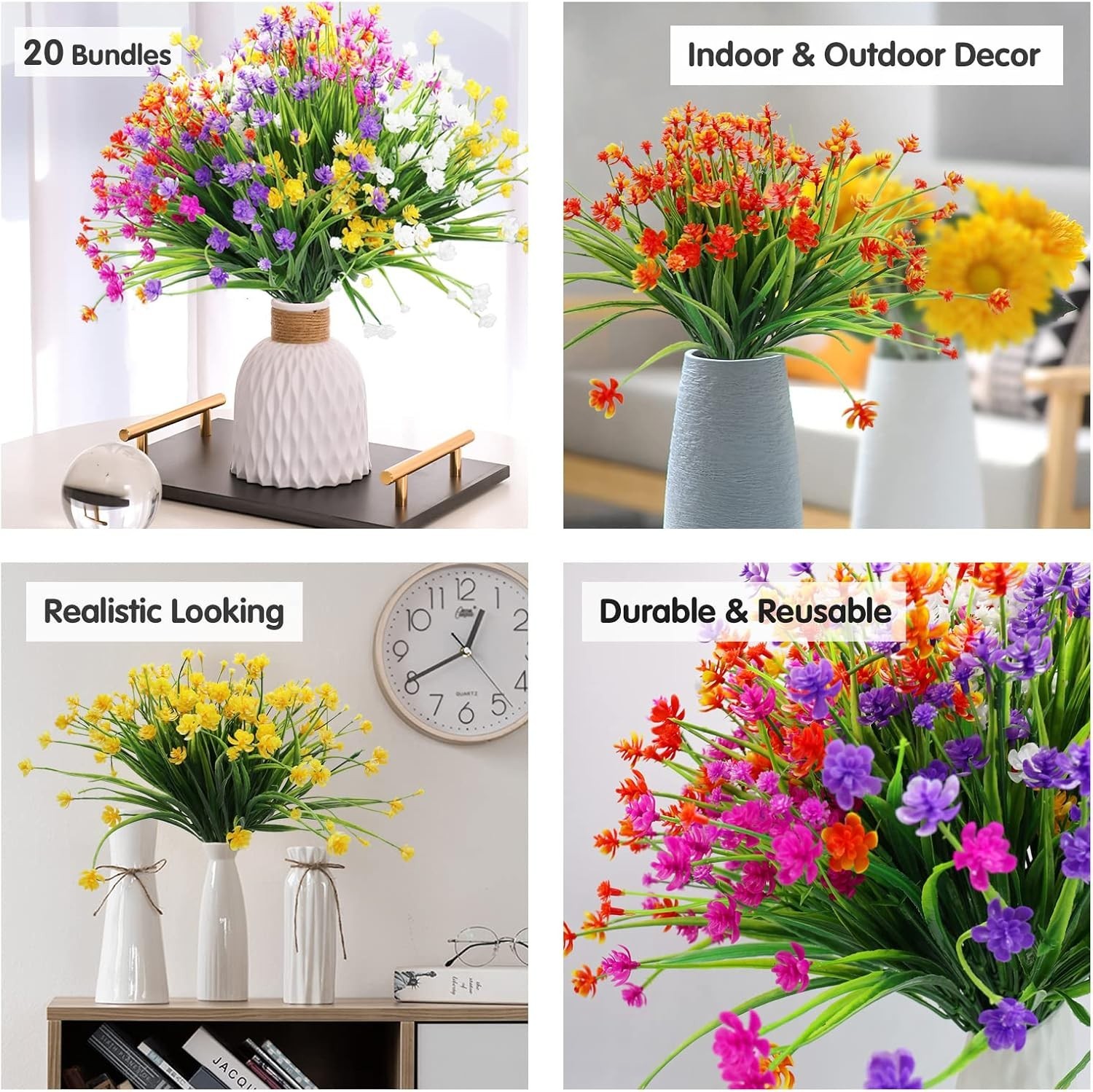 20 Bundles Artificial Fake Flowers, UV Resistant Faux Flowers Arrangement, Fa…