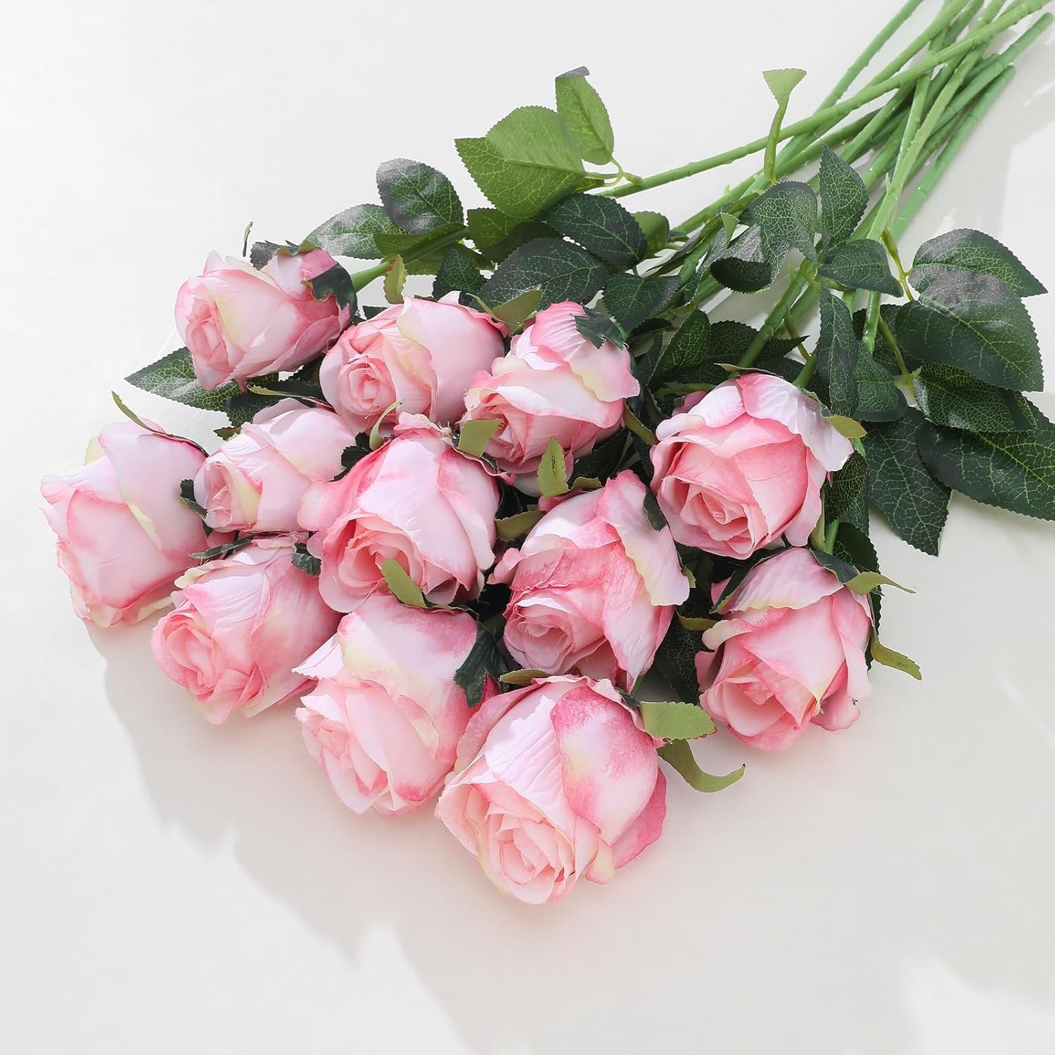 12Pcs Realistic Fake Light Pink Roses Faux Flowers with Long Stems