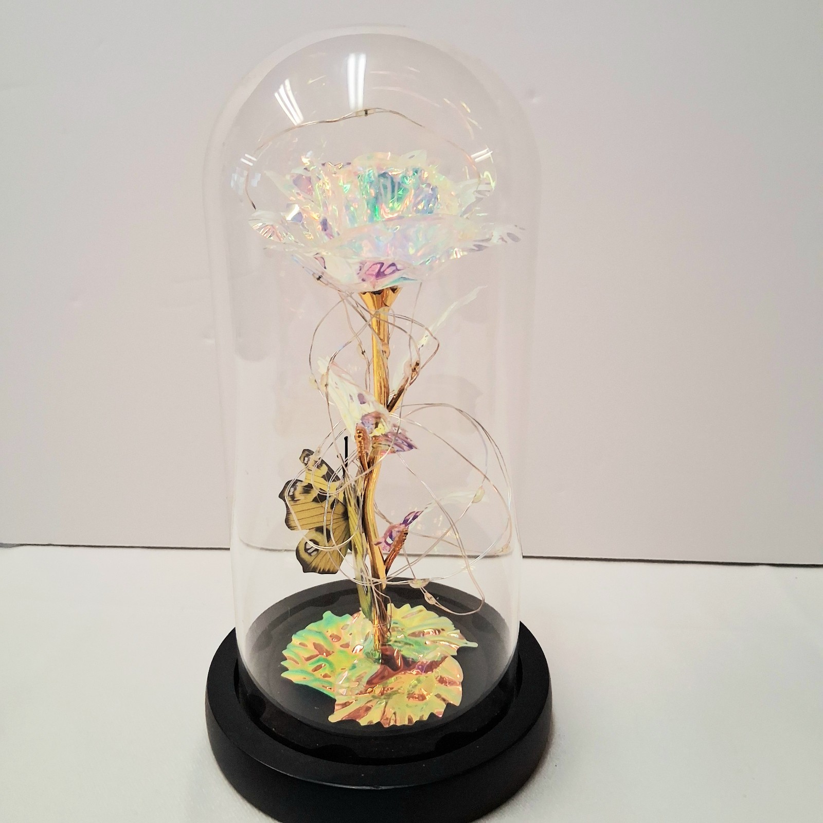 LED Galaxy Iridescent Rose Multicolor Light In Glass Dome W/Butterfly Great Gift