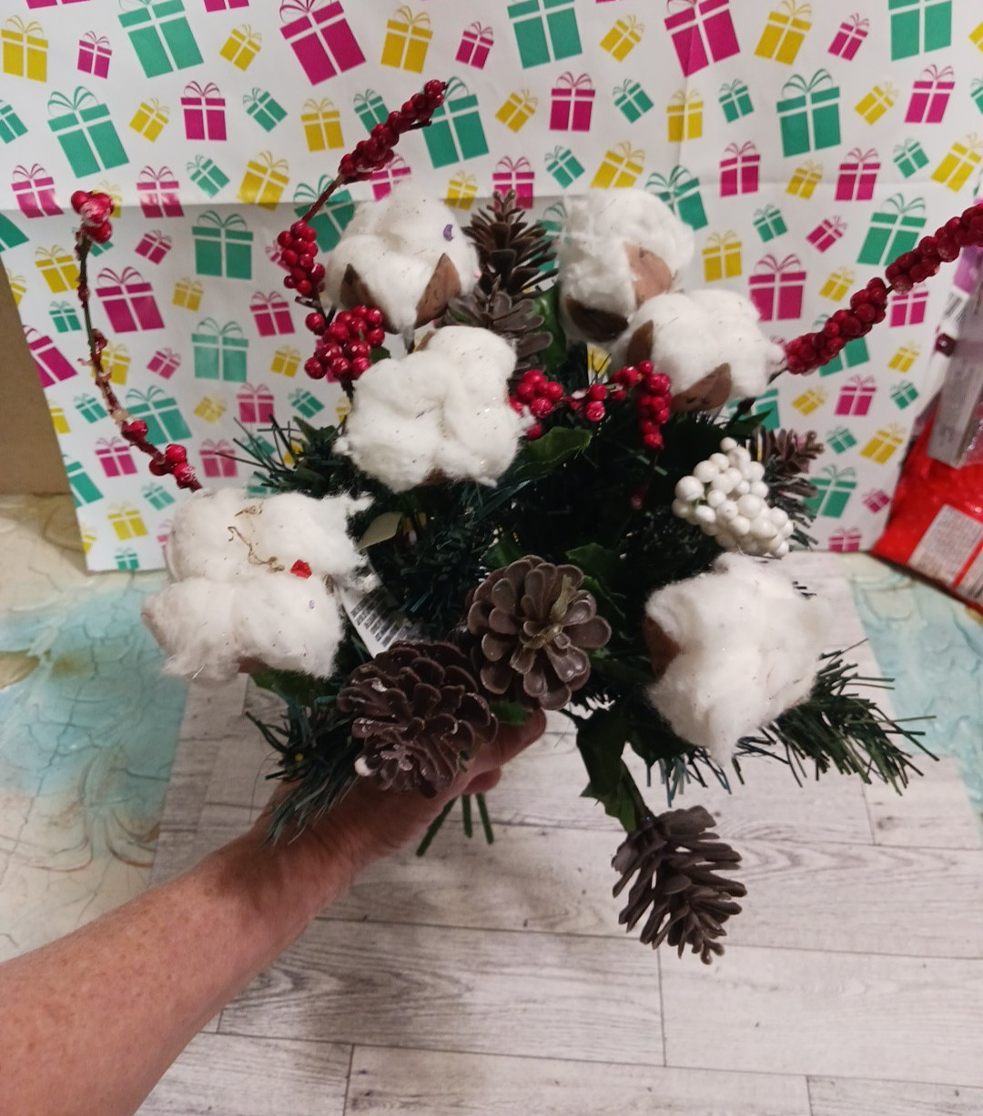 Cotton buds, pine cones, holly berry. Beautiful winter fall flower bouquets