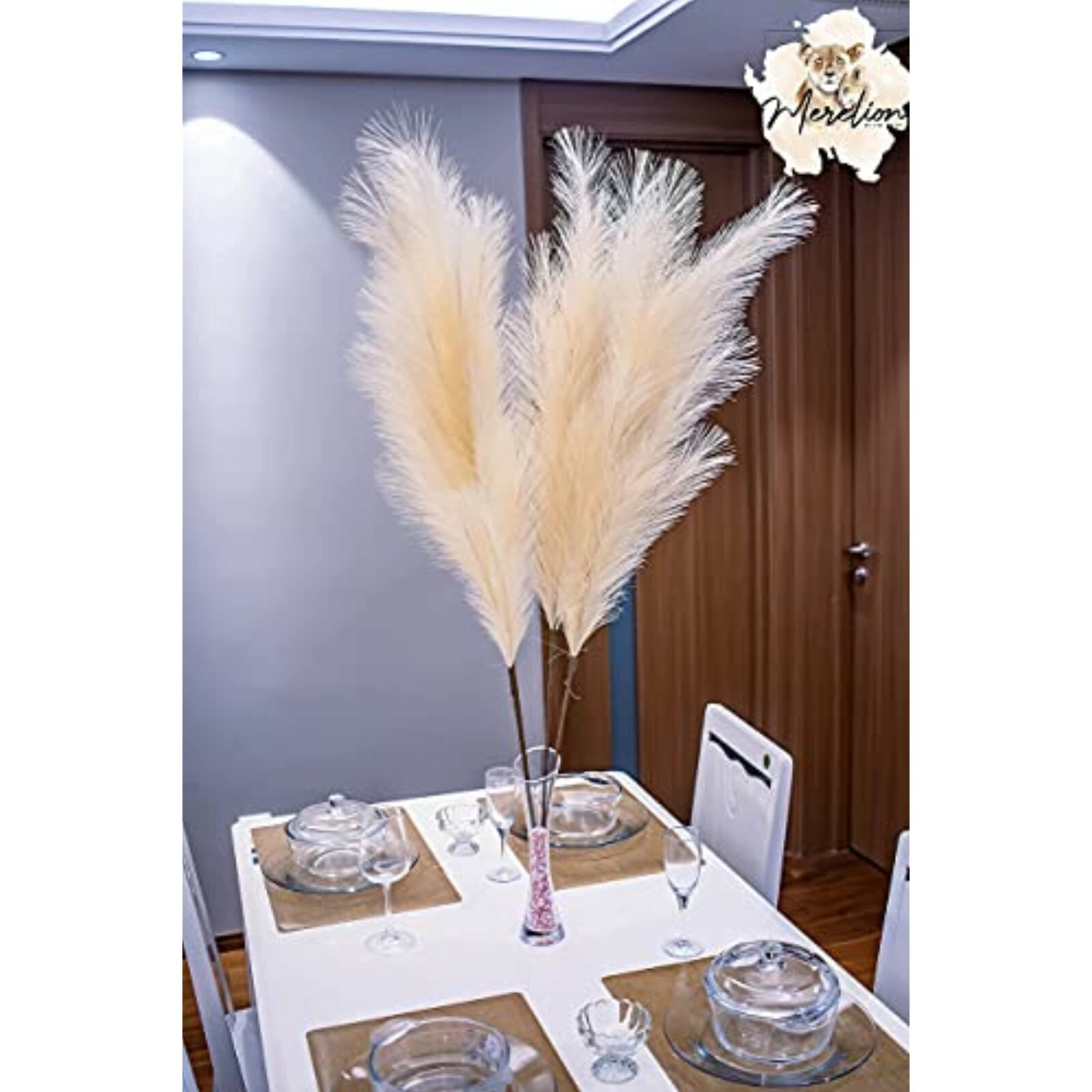 Set of 4 – Merelion Faux Pampas Grass Large Decor, 43″ 110Cm – Cream Beige Color