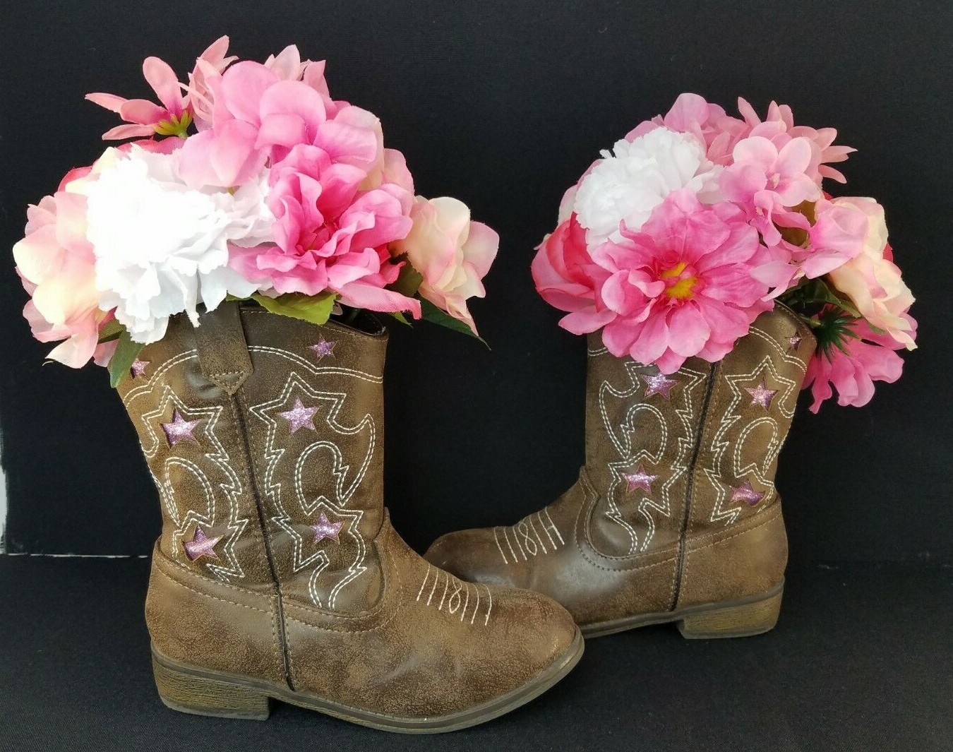 Pink Flowers In Cowboy Boots Handmade Original By Andrea Floral Décor B16-370