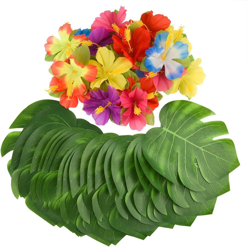 60 Pcs Wrinkle Prevention Flowers and Tropical Leaves for Tropical Party Decorat