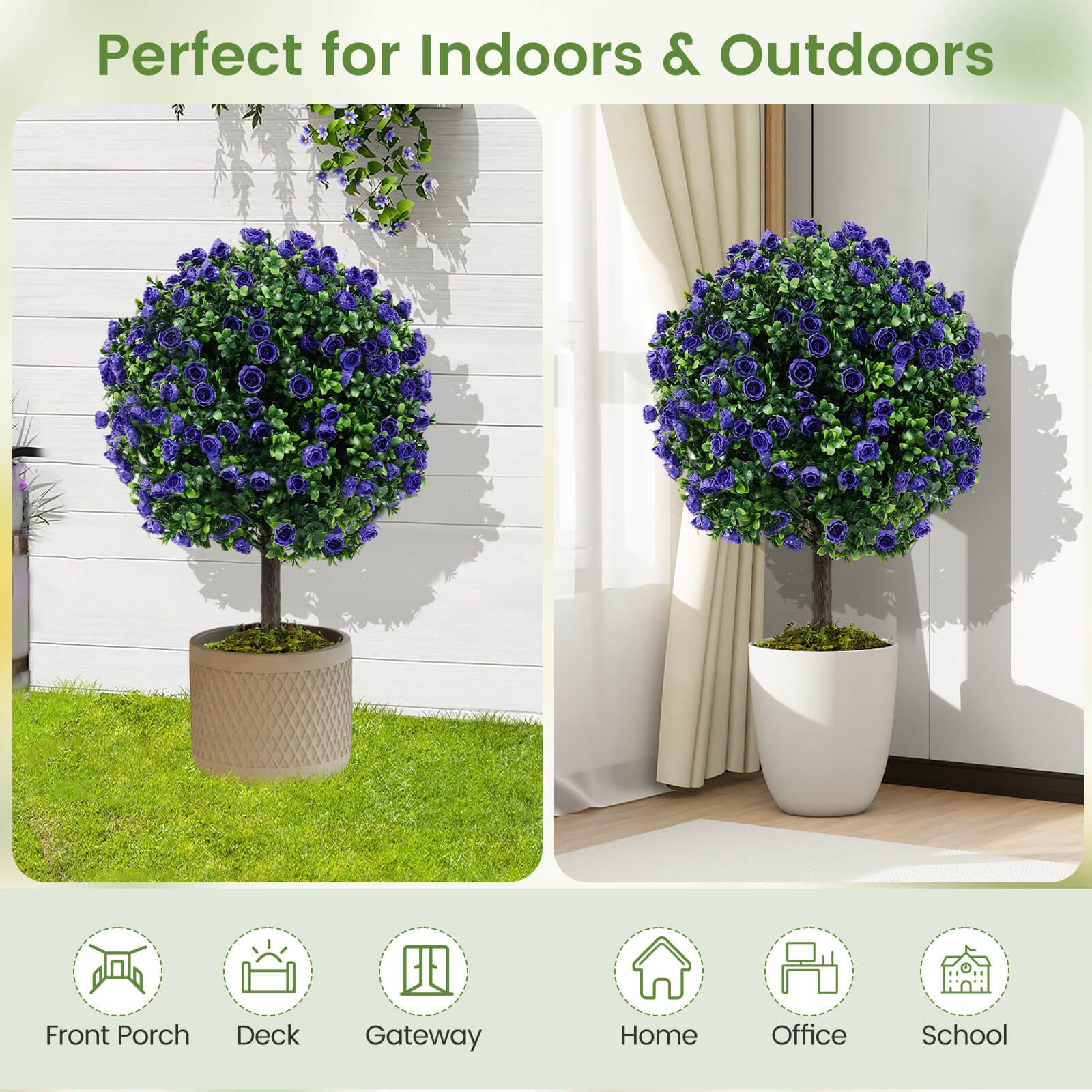 Set of 2 Artificial Purple Rose Topiary Ball Trees 22″ Faux Boxwood Ball Tree