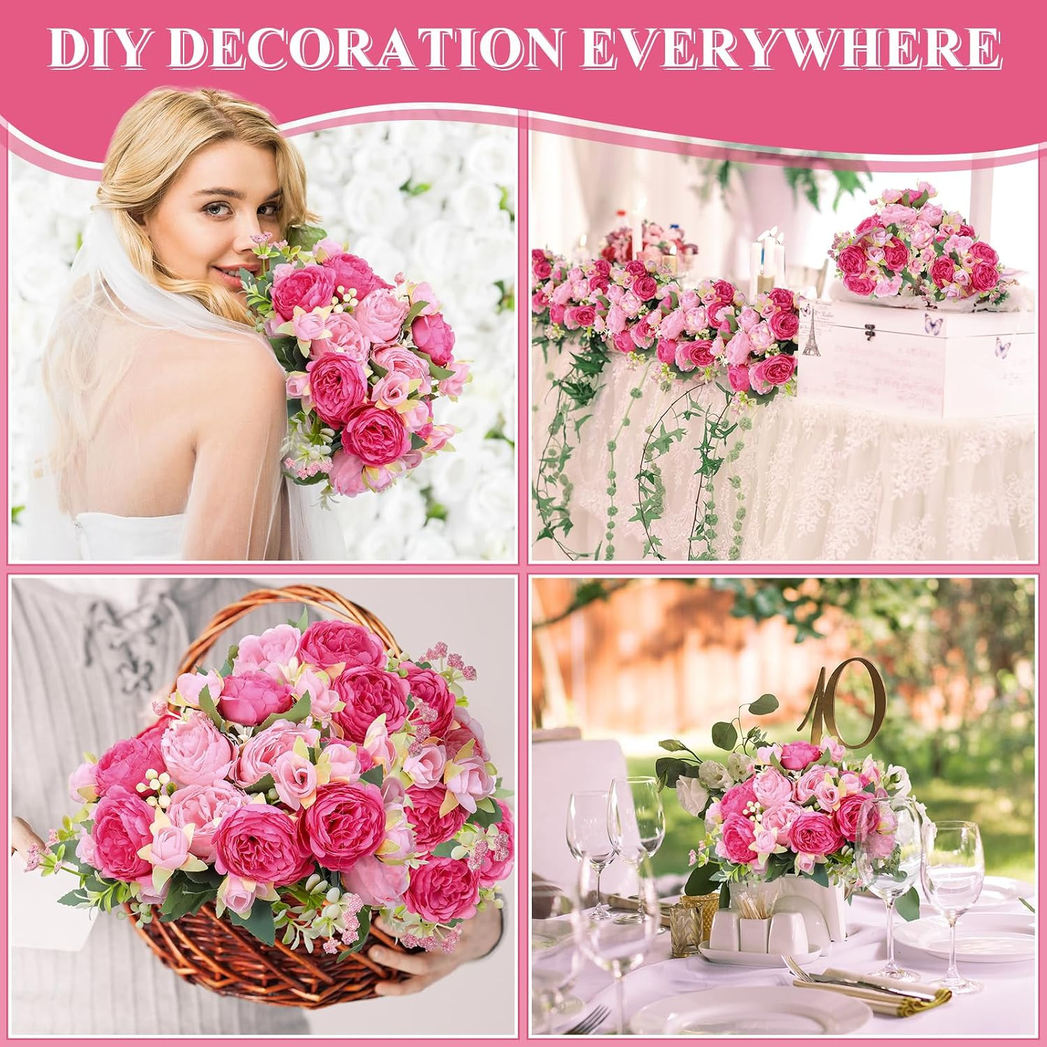 Boho Pink Peonies – 8 Bundles Faux Flowers for Wedding & Home Decor