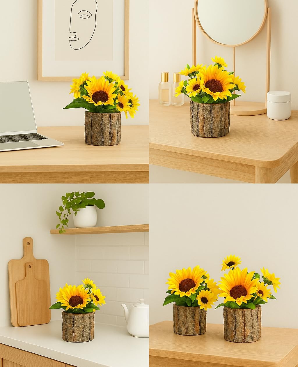 Artificial Sunflowers For Spring Decor Small Potted Flower In Log Planters Table