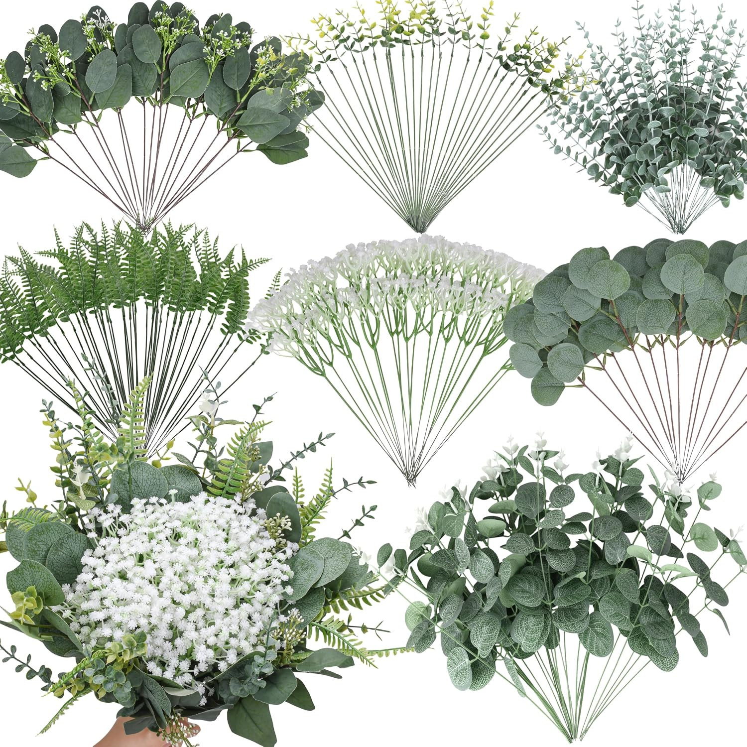 150 Pcs 7 Kinds Mixed Artificial Eucalyptus Leaves Stems Bulk, Fake Greenery Pla
