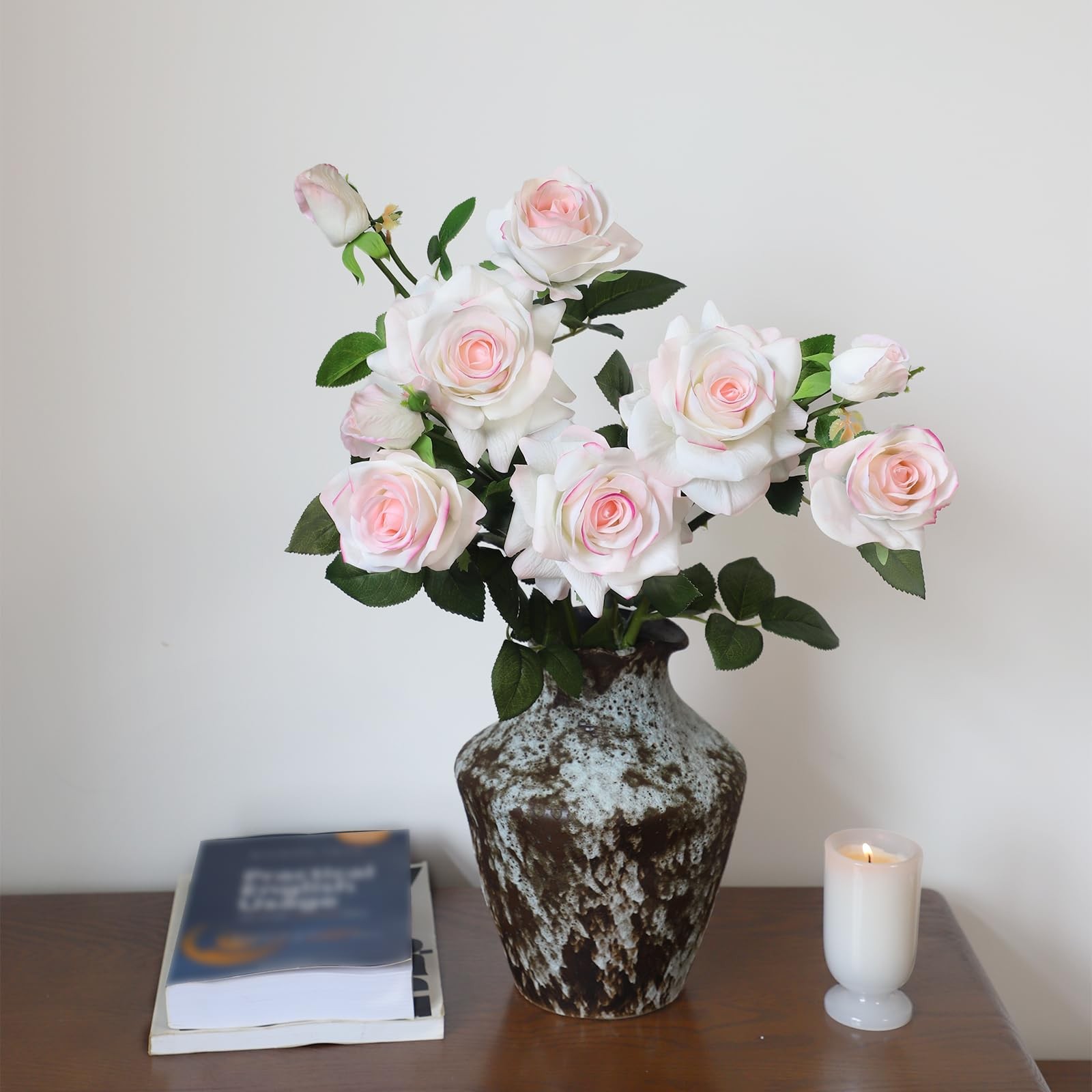 KBREE 30” Real Touch Roses, Pink White Artificial Flowers, 3Pcs Pink Roses wi…
