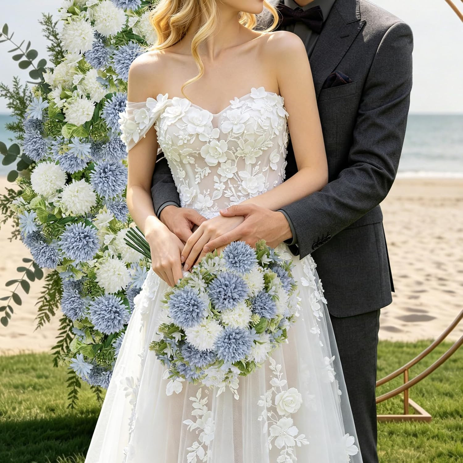 Dusty Blue & White Peony Bouquet – 6 Faux Silk Bundles for Weddings & Decor
