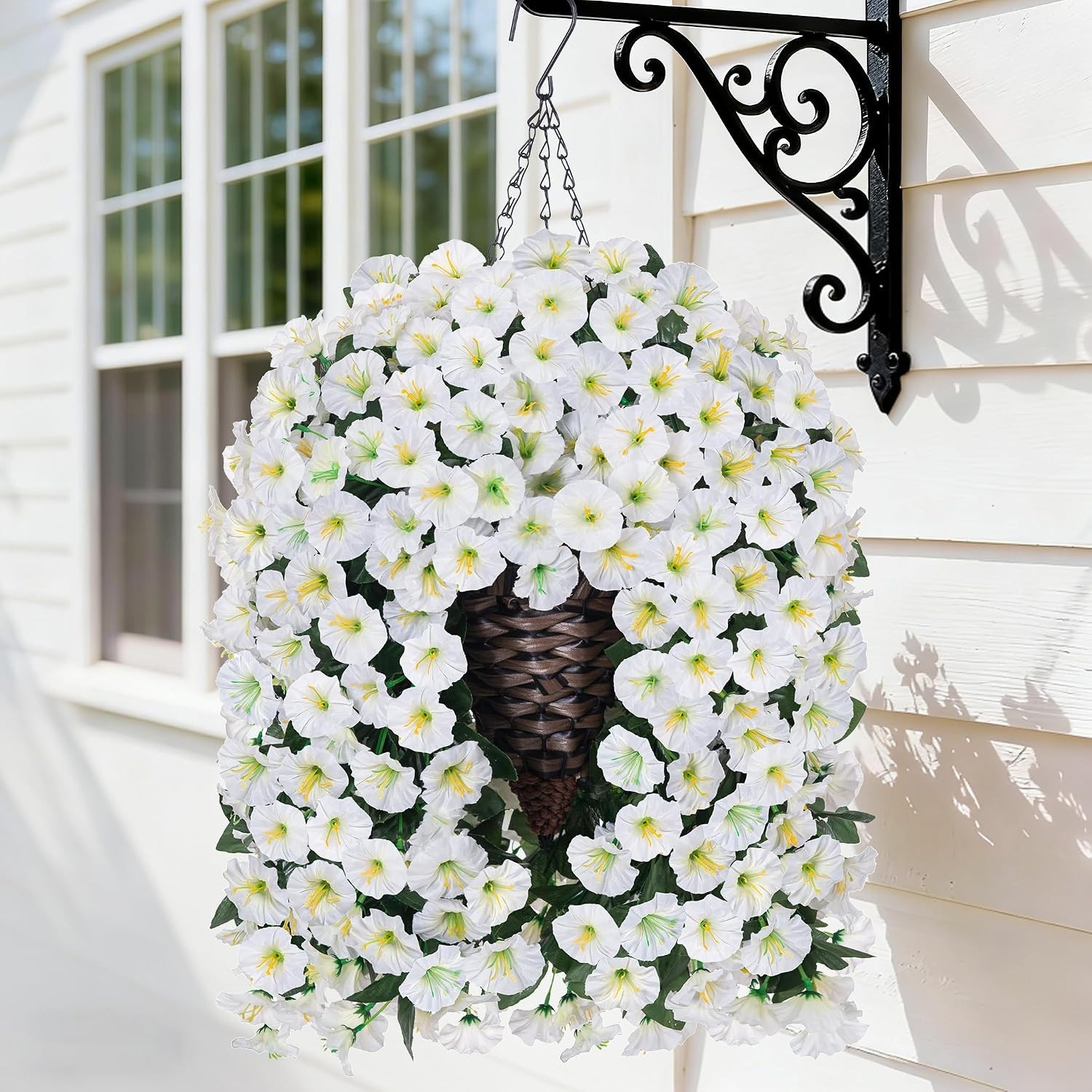 Indoor Outdoor Artificial White Morning Glory Flowers in Stylish Hanging Basket