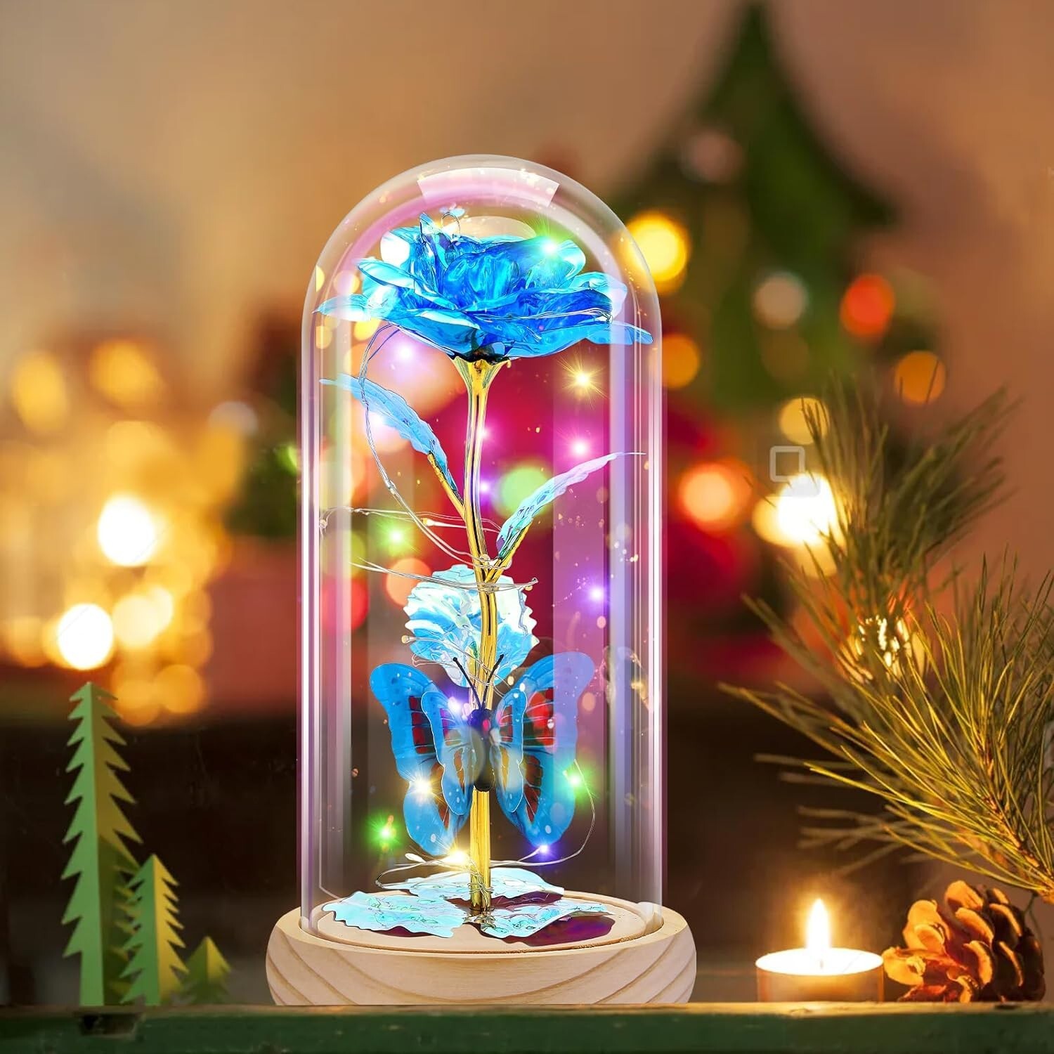 New Blue Butterfly Plastic Rose Led Glass Artificial Flower Dome Decor For Women