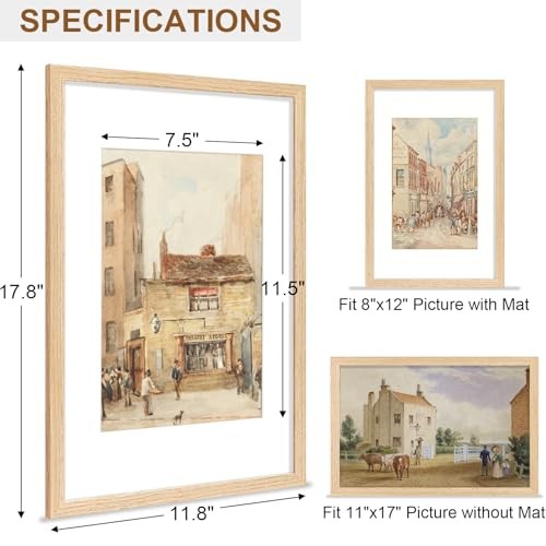 Picture Frame, Solid Wood Frame with Plexiglass, Includes 8×12 11×17 Natural