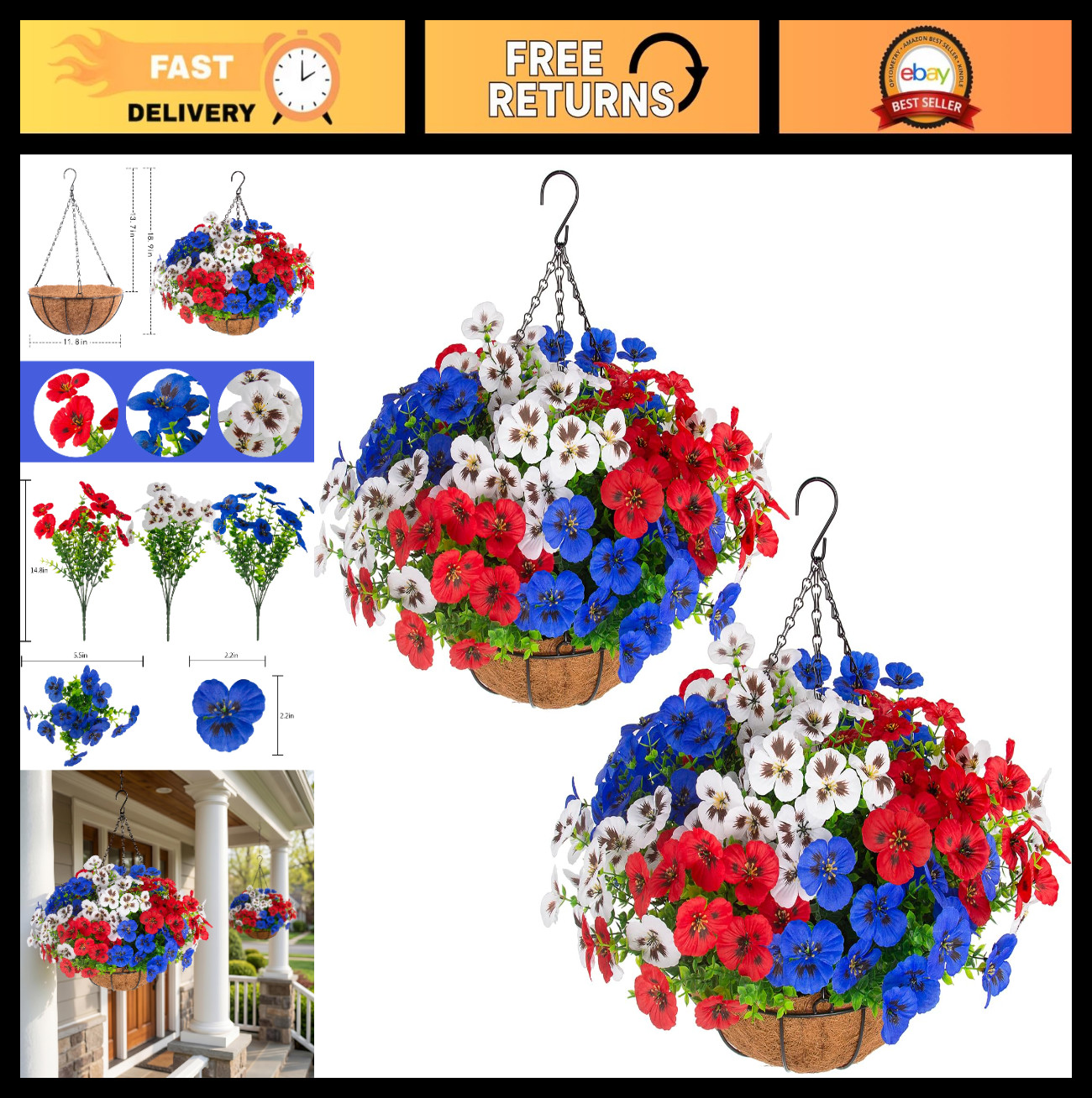 2 Sets Faux Hanging Pansy Flowers with Baskets – 24 Pcs Patriotic Silk Decor for