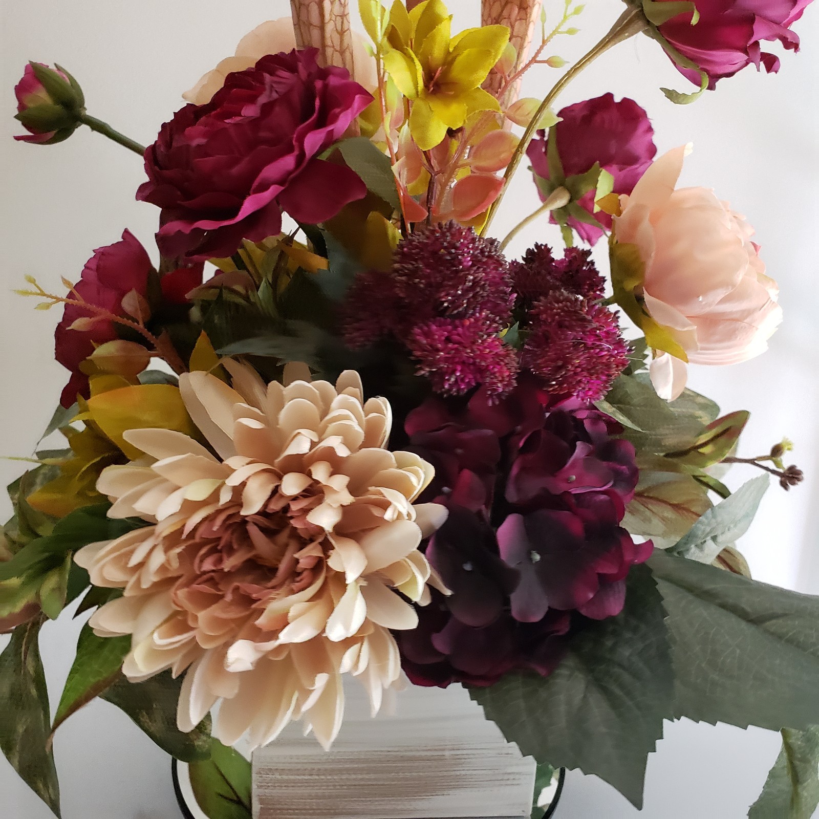Handmade Silk Flower Centerpiece, Deep Purple Hydrangea, Blush Rose & Mum
