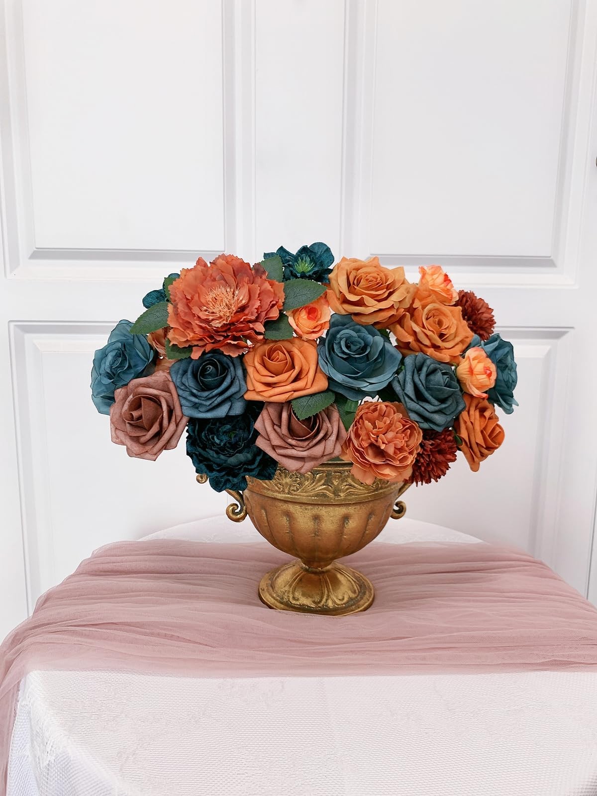 Artificial Roses Bouquet Box Set Fake Flower Wedding Decor Silk Teal Orange