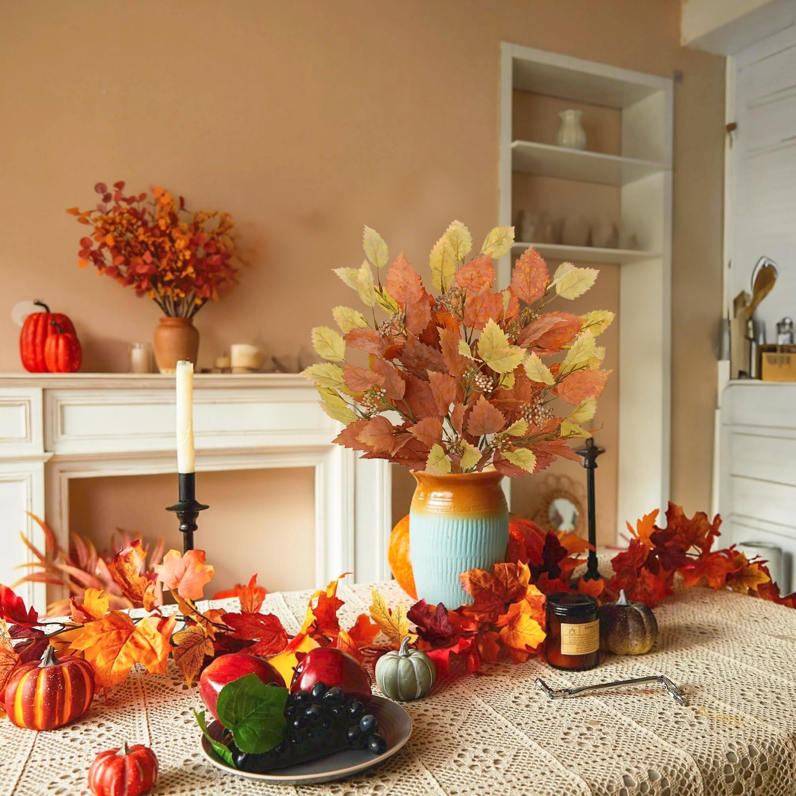 Artificial Fall Birch Leaves Stems – 2 Bundles Faux Autumn Foliage Arrangemen…