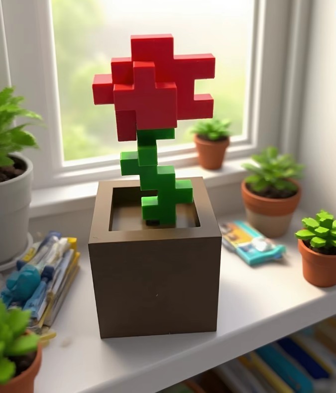 Pixel Rose Flower Decor 3D Printed Block Style Desk Ornament Home Office