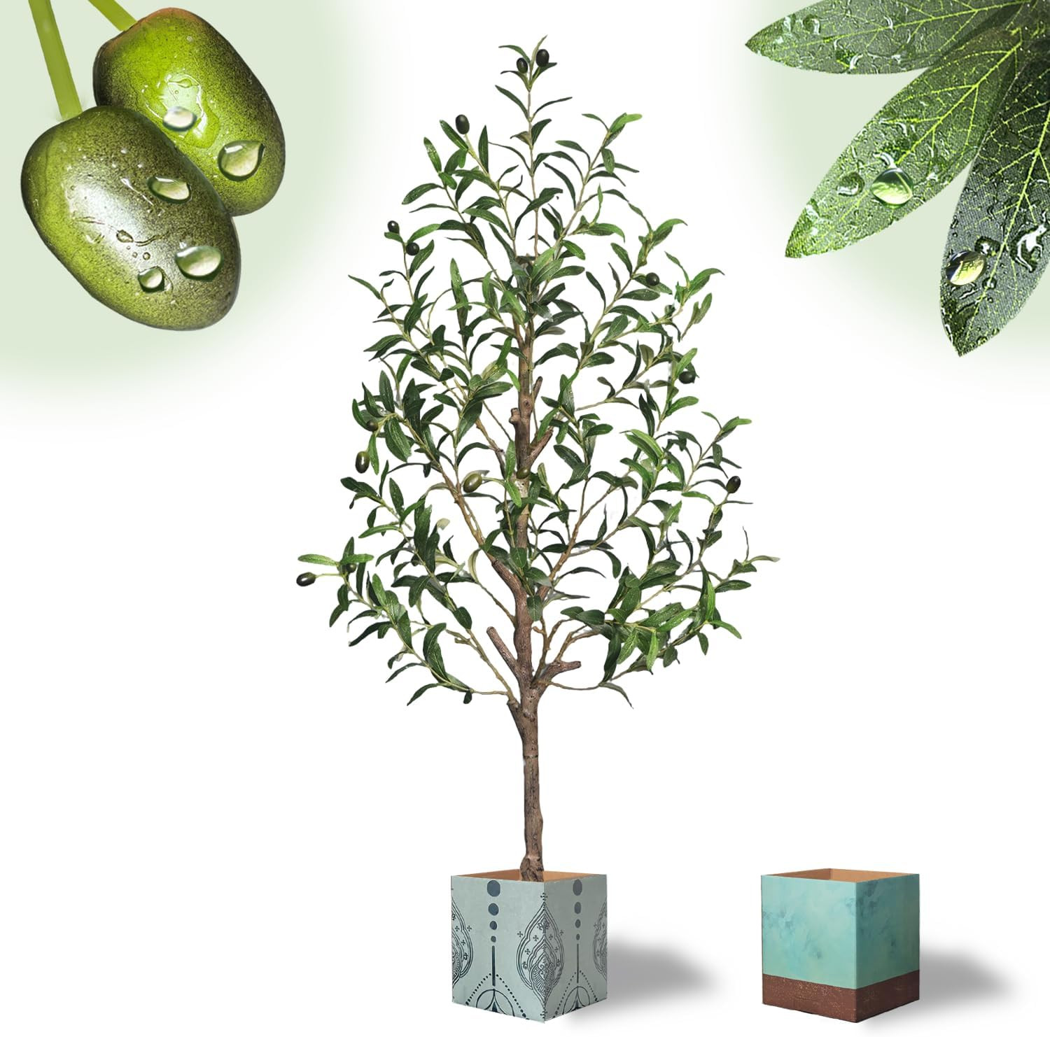4FT Artificial Olive Tree Tall Fake Plant with Water Droplets Fruits Home Office