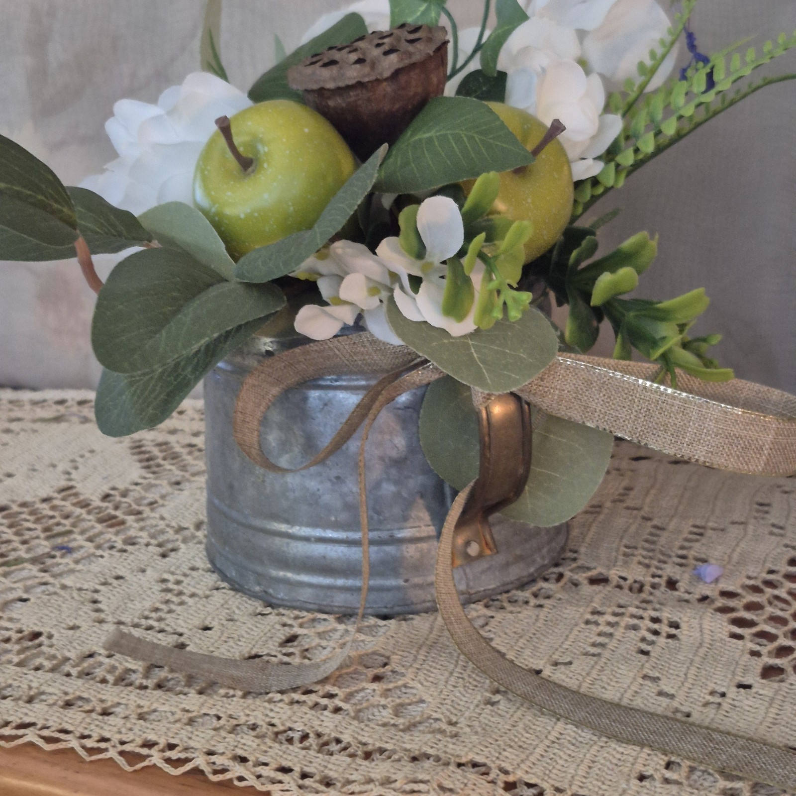 Floral Centerpiece, Vintage Metal Watering Can Cottagecore Faux Flowers