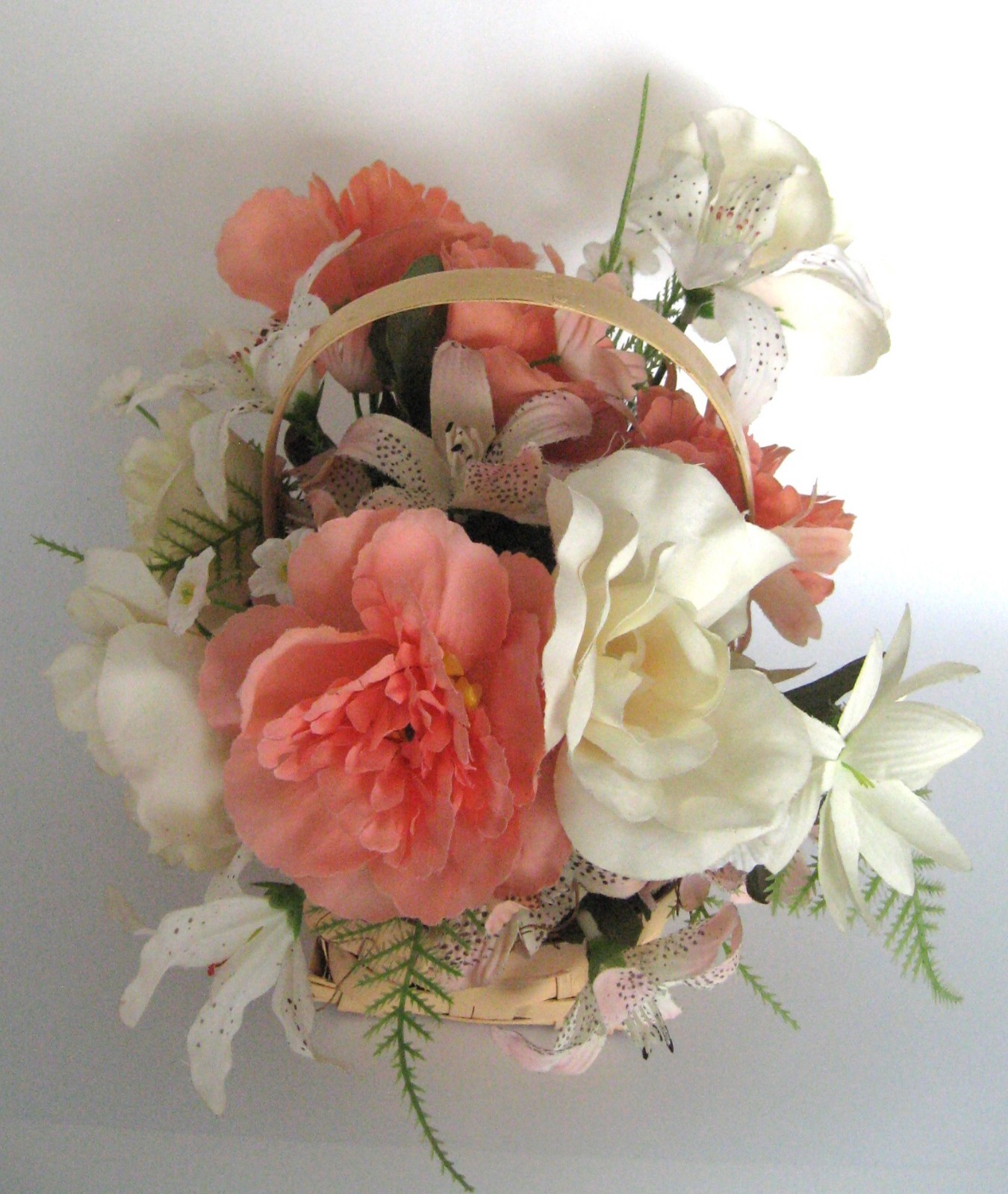 Artificial Floral Arrangement in Basket White Roses Lilies Peach Flowers Ferns