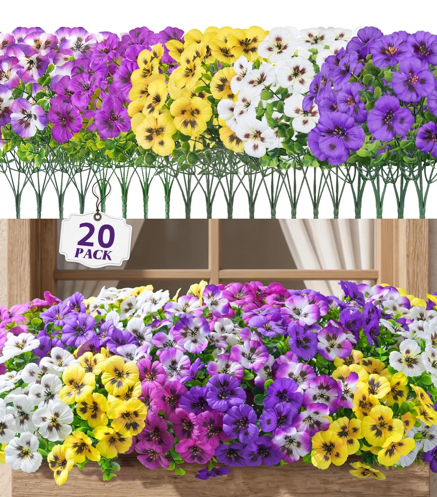 20PCS Fake Artificial Pansy Flowers for Outdoors Spring Decor, Faux Silk Pans…