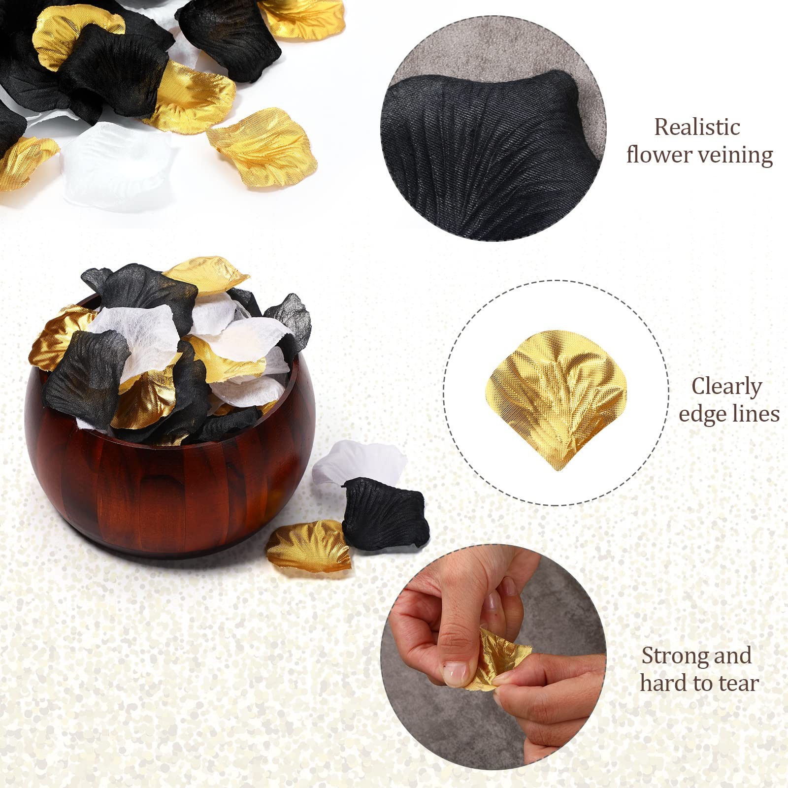 1600 Pcs Black Gold and White Artificial Rose Petals Bulk, Fake Rose Flower P…