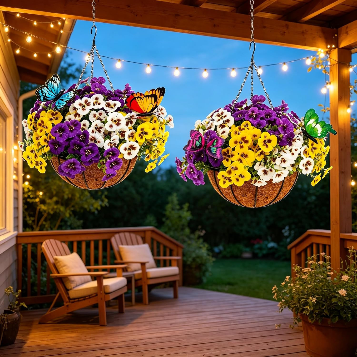 2 Sets Faux Pansy Hanging Baskets for Home & Garden – Yellow, Cream, Lavender