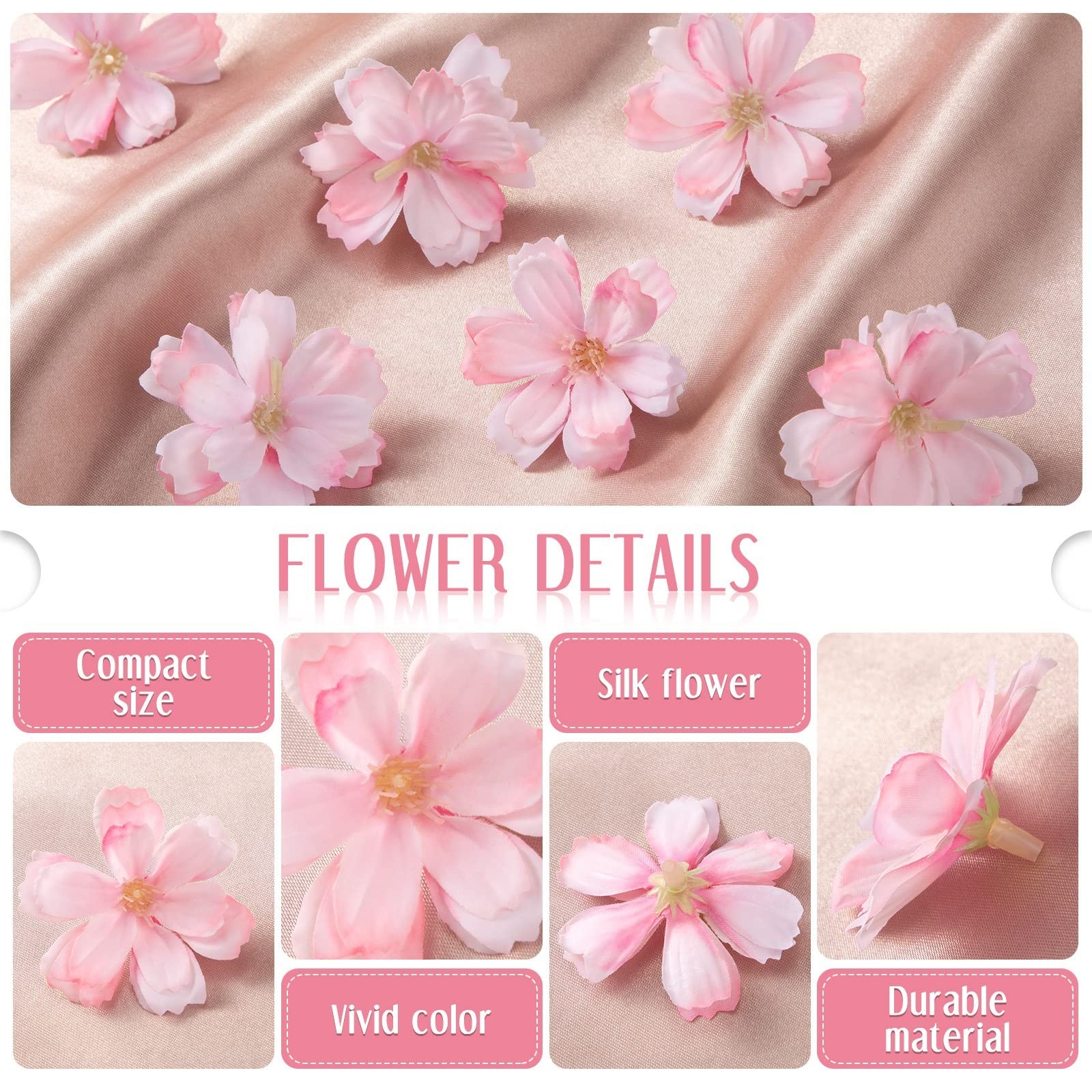 200 Mini Faux Cherry Blossom Flower Heads for Crafts & Decor – Pink Silk Flowers