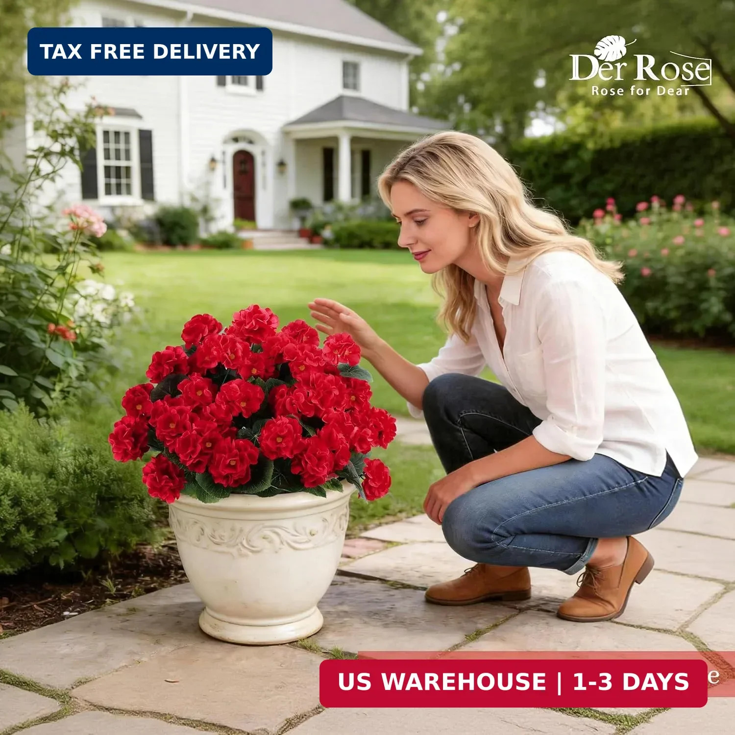 Der Rose 6 Pack Red Artificial Geraniums Flowers for Outdoors UV Resistant Faux